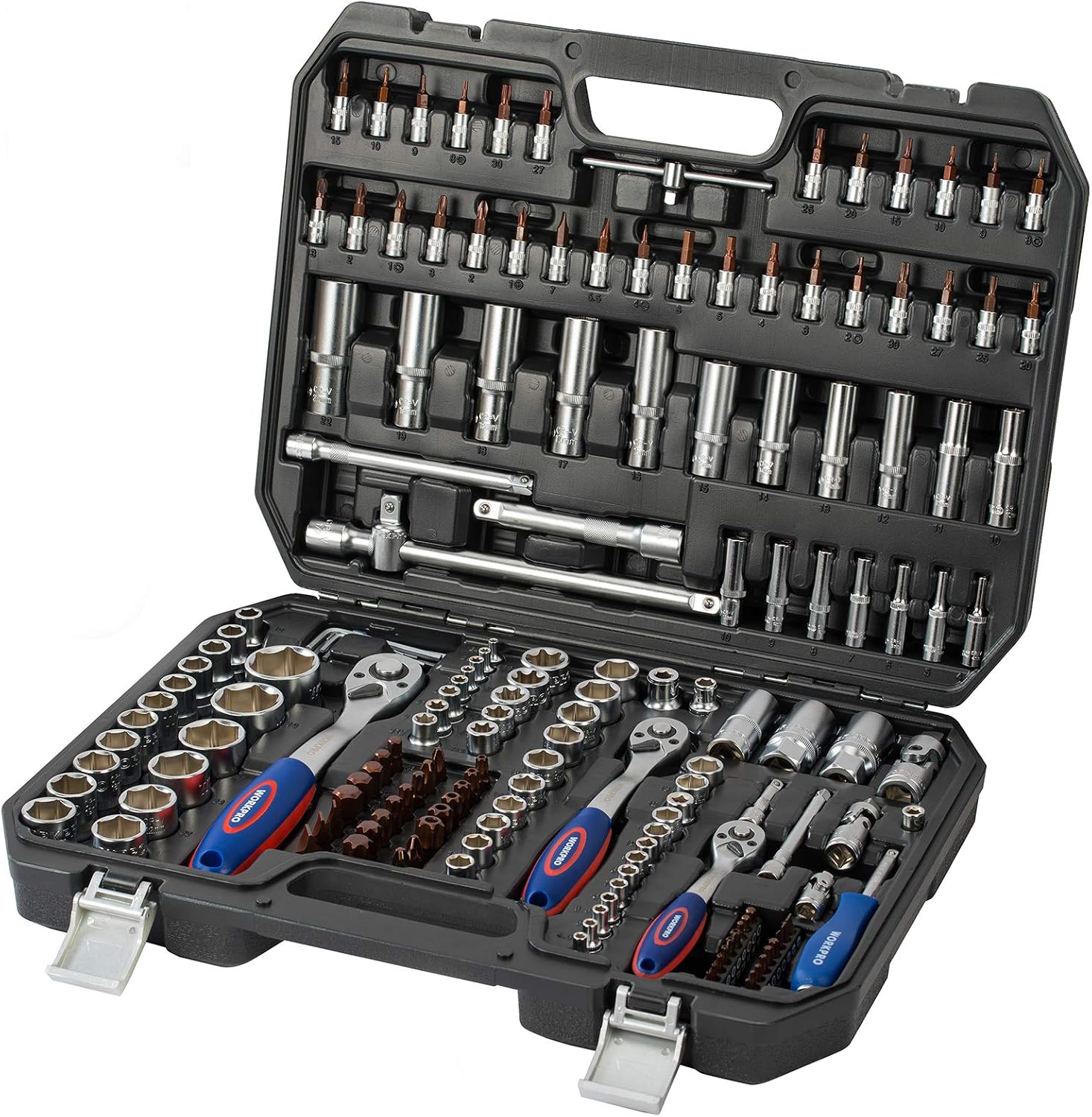 WORKPRO Jeu de clés à douille, de clés à cliquet et de clés à rainure en acier chrome-vanadium, outils mécaniques automobiles professionnels avec boîte rigide de 172 pièces