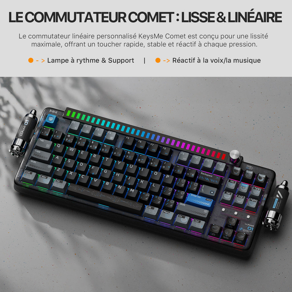 KEYSME Lunar 01 Clavier mécanique 80 % tri-mode, disposition QWERTY US, clavier à montage sur joint avec éclairage rythmé, commutateurs remplaçables à chaud, molette programmable