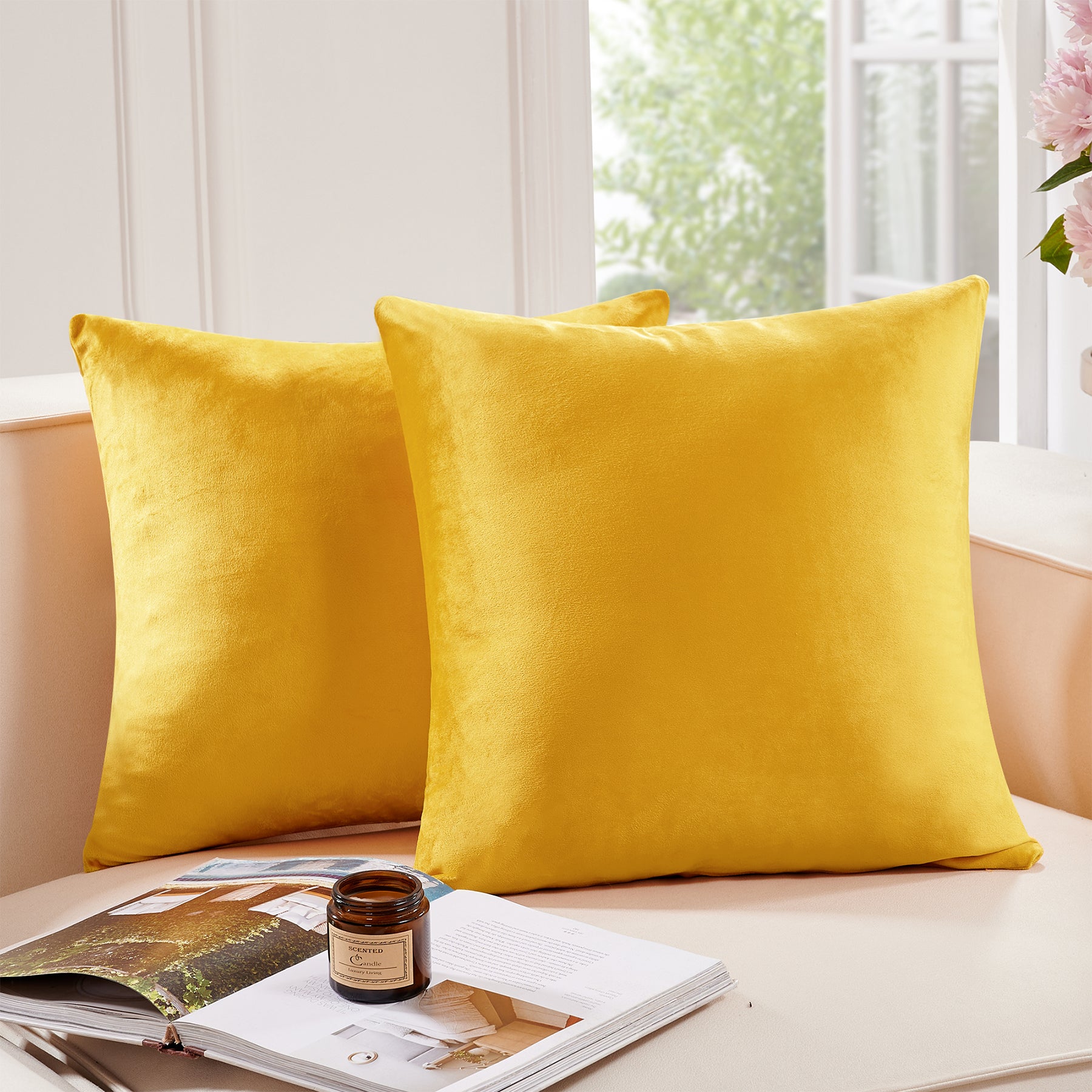 Deconovo Housse de coussin en velours néerlandais, coloris jaune, 50 x 50 cm, 1 pièce