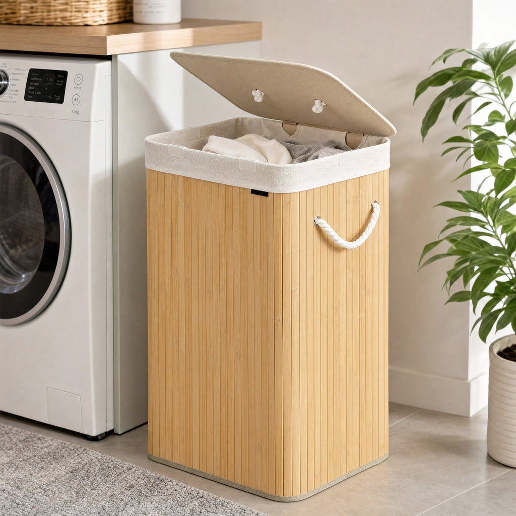 JOYFURNOS Panier à linge avec couvercle, panier de lavage pliable en bambou avec sac doublure amovible et cadre en bois solide, grande capacité de 72L, taille gain de place 40x30x61cm, idéal pour chambre, salle de bain, buanderie, dortoir, Naturel