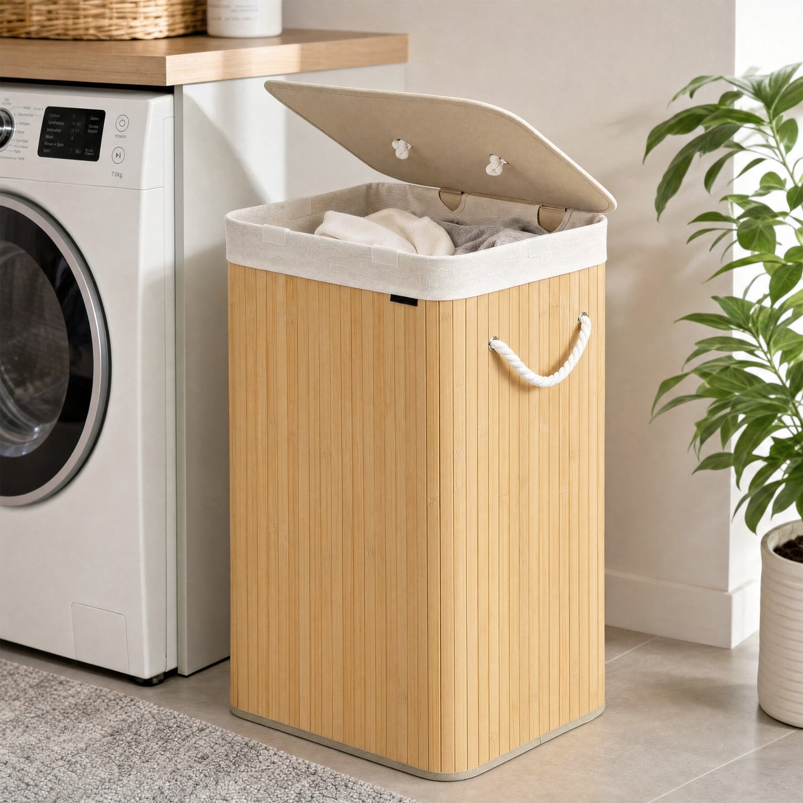 JOYFURNOS Panier à linge avec couvercle, panier de lavage pliable en bambou avec sac doublure amovible et cadre en bois solide, grande capacité de 72L, taille gain de place 40x30x61cm, idéal pour chambre, salle de bain, buanderie, dortoir, Naturel