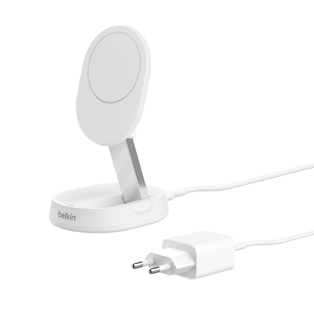 BELKINBOOST CHARGE Pro Qi2 Chargeur sans fil magnétique et pliable à induction 15 W compatible MagSafe pour iPhone 16/15/14 et AirPods, adaptateur secteur 20 W inclus - Blanc