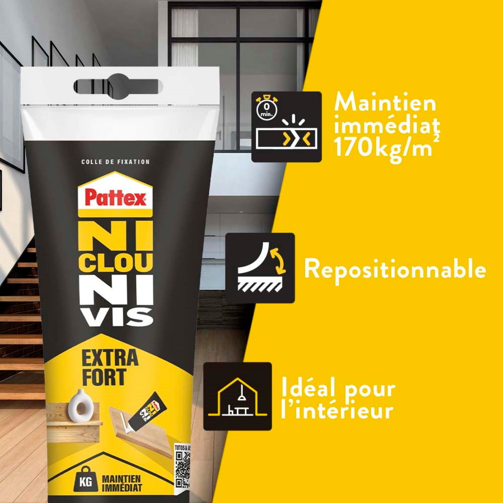 Pattex – Ni Clou Ni Vis Extra Fort (tube de 260 g) – Colle de fixation à maintien immédiat – Rapide pour usage intérieur