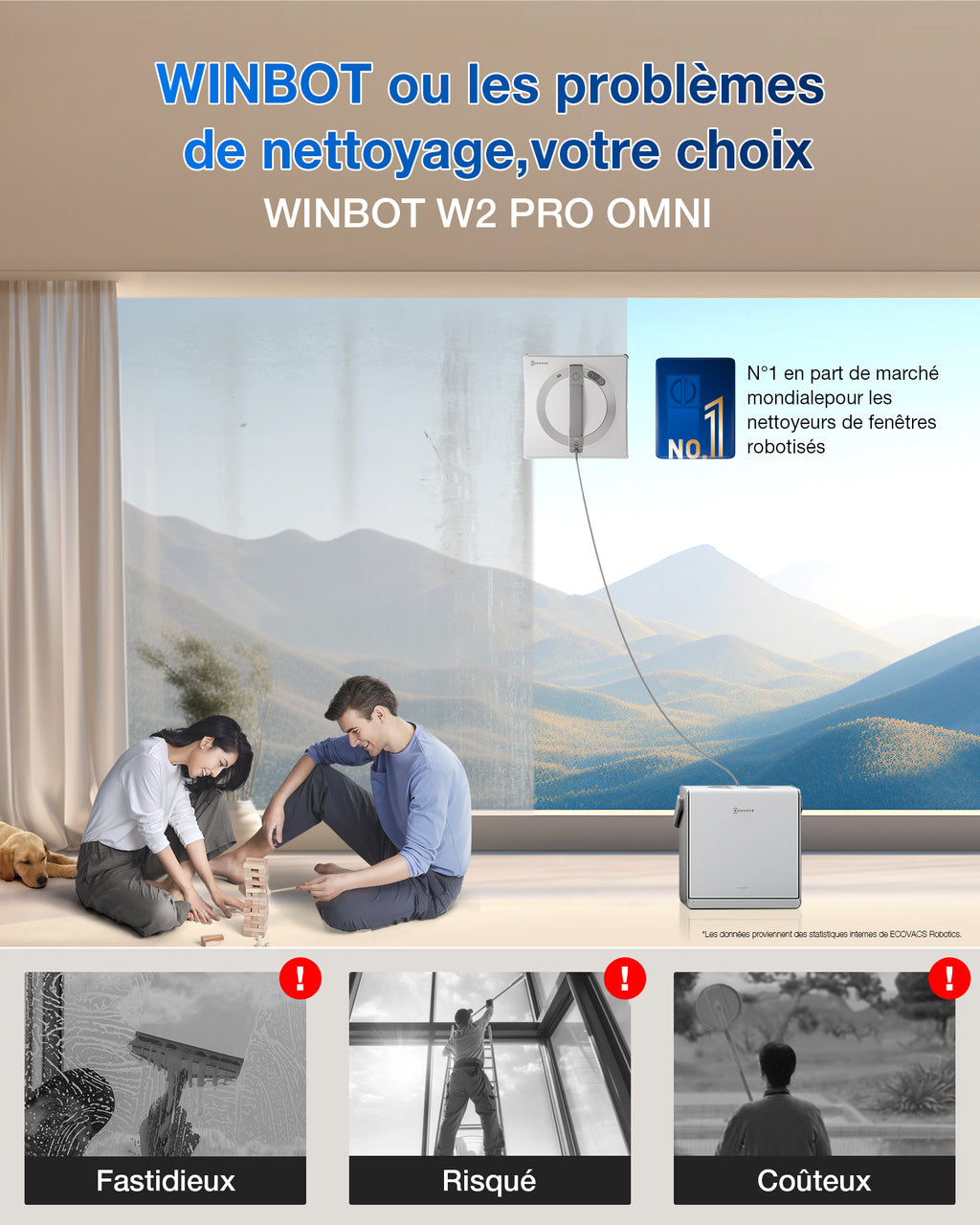 ECOVACS WINBOT W2 Pro Omni Robot lave-vitres avec station multifonction, se recharge pendant le fonctionnement, embout de nettoyage à triple buses, système de protection à 12 niveaux
