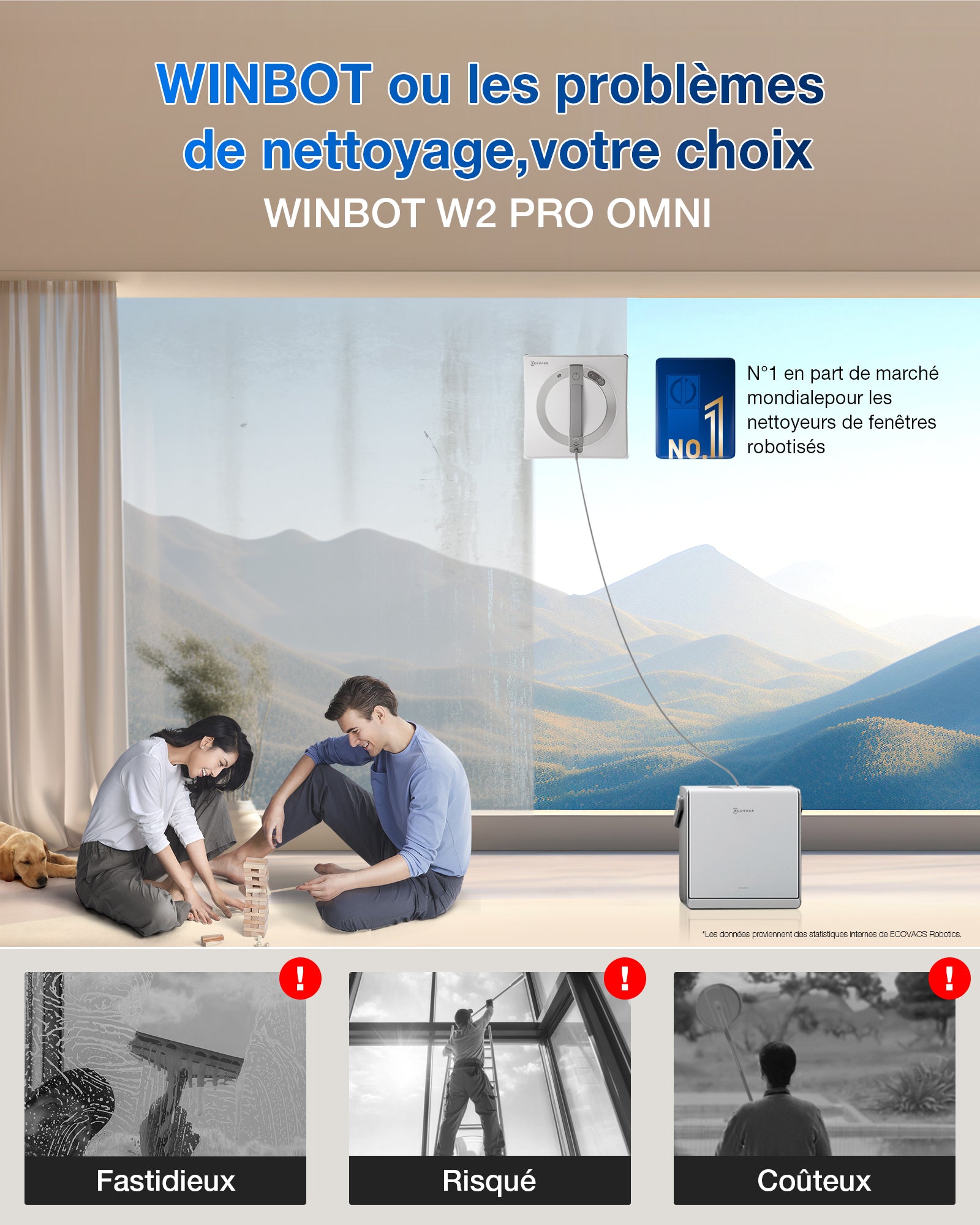 ECOVACS WINBOT W2 Pro Omni Robot lave-vitres avec station multifonction, se recharge pendant le fonctionnement, embout de nettoyage à triple buses, système de protection à 12 niveaux