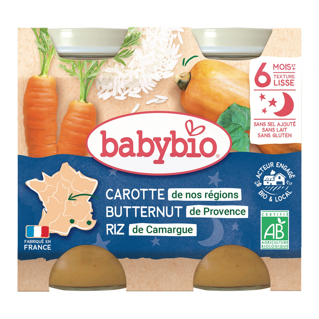 BABYBIO Repas de Dîner pour Bébé Bio Carotte Potiron Riz Dès 6 Mois 2x200 g