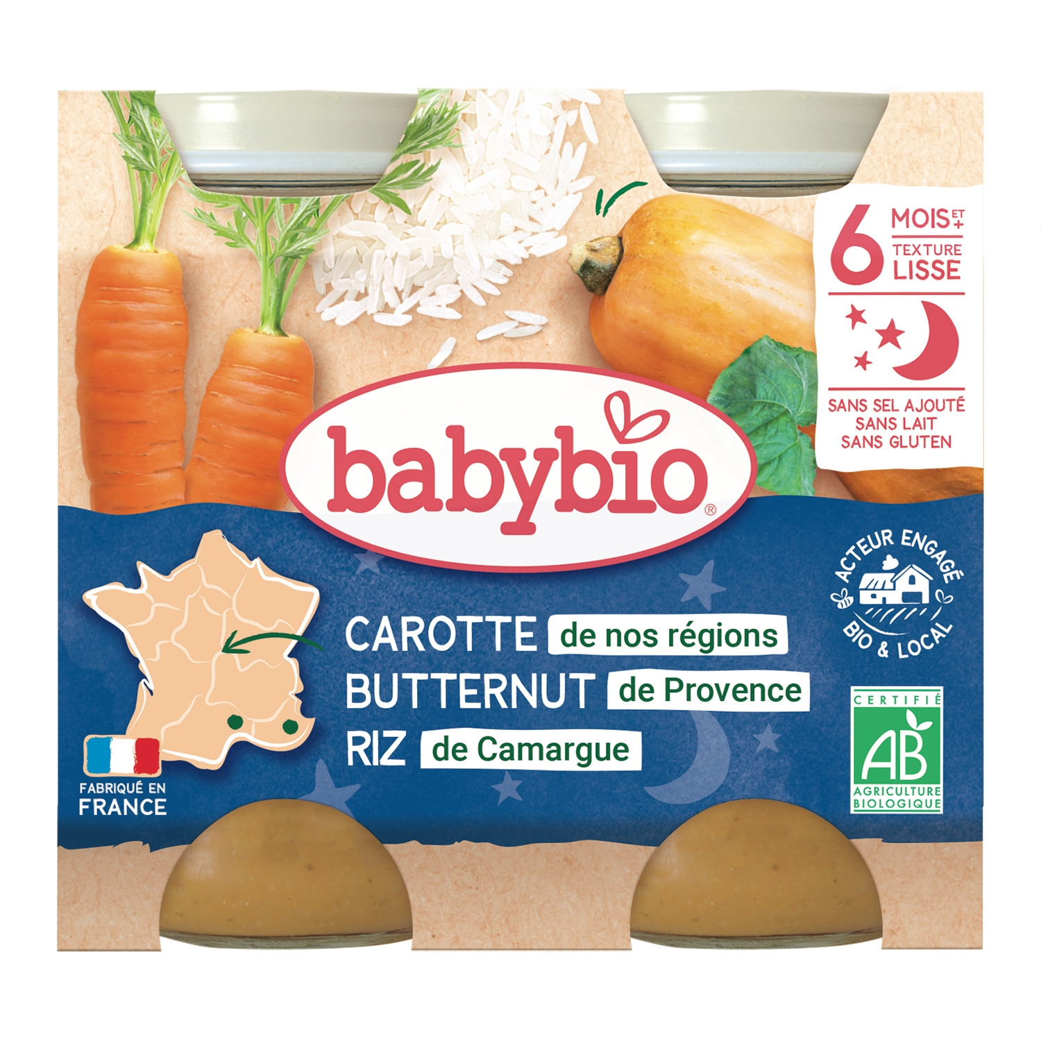 BABYBIO Repas de Dîner pour Bébé Bio Carotte Potiron Riz Dès 6 Mois 2x200 g
