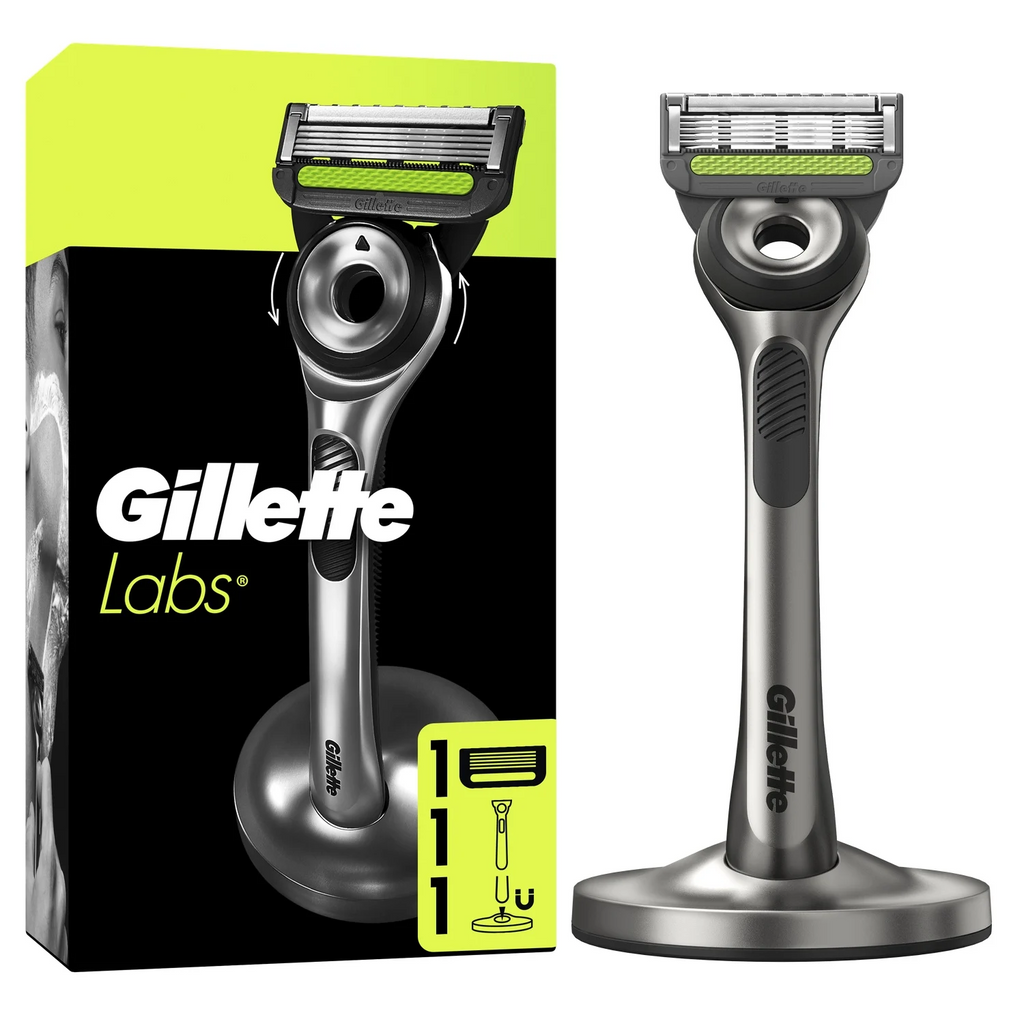 Gillette Labs Rasoir Homme, avec 1 Recharge, Noir | Manche Réutilisable en Métal, Cartouche de Rechange à Lames Affutées, Tête Flexible, Rasage Efficace, Socle Magnétique