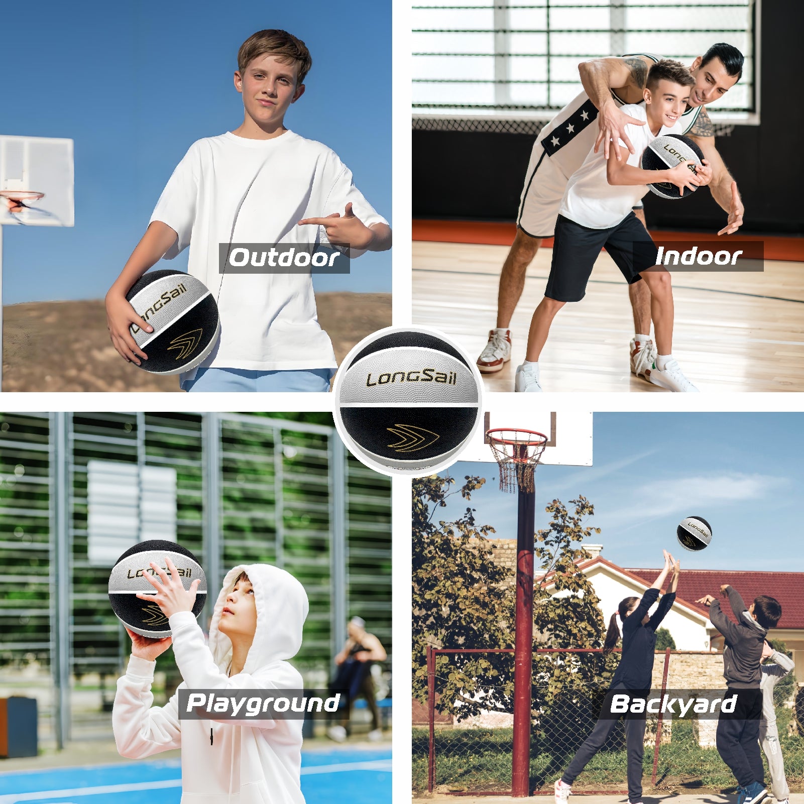 LONGSAIL Ballon de basket-ball en caoutchouc de haute qualité (27,5") Taille 5 Noir/Gris