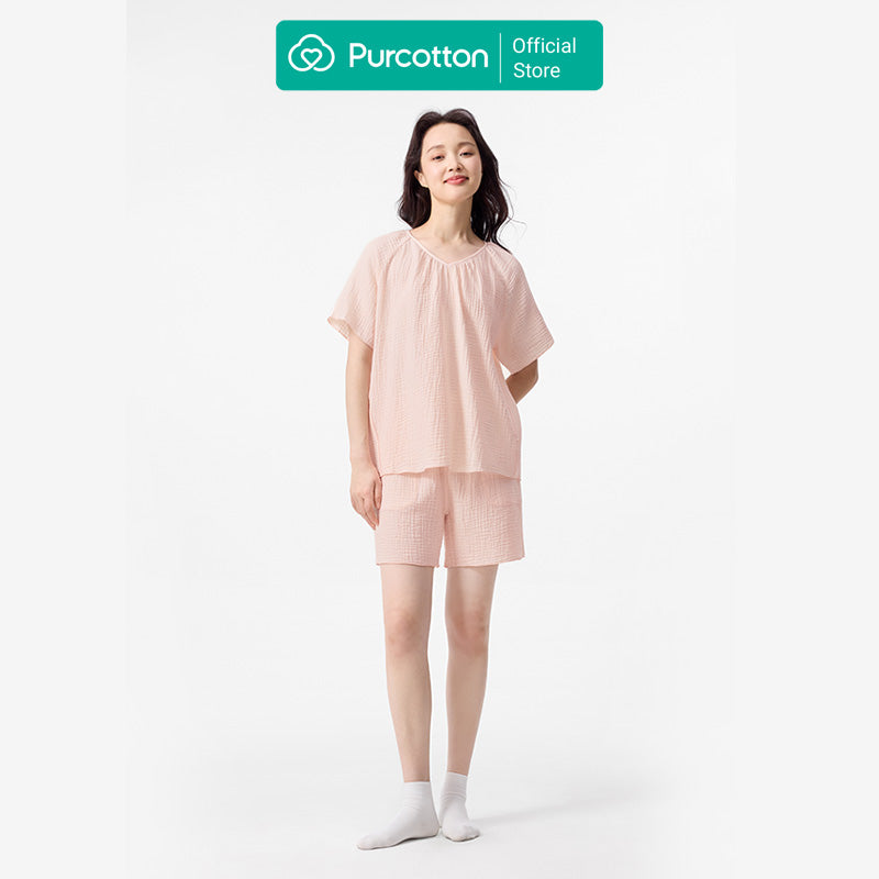Purcotton Ensemble de loungewear en gaze Airysoft pour femme - Style pantalon de survêtement - Doux pour la peau, reposant et style décontracté - Rose doux mandarine - Haut : 160/84A ; Bas : 160/68A