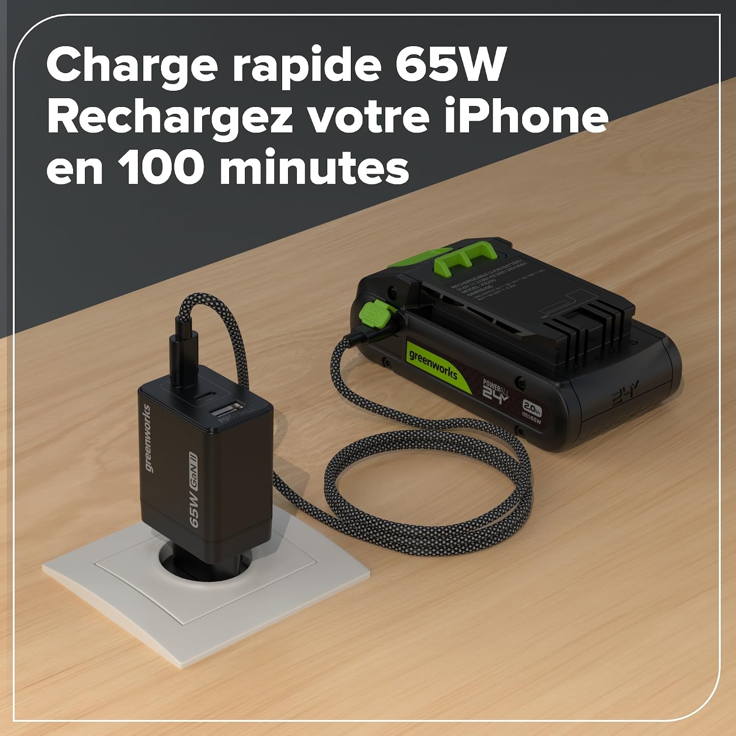 Greenworks Kit de Démarrage 24 V 1x Batterie USB HP 2 Ah + Chargeur 65 W + Câble 100 W 1 m