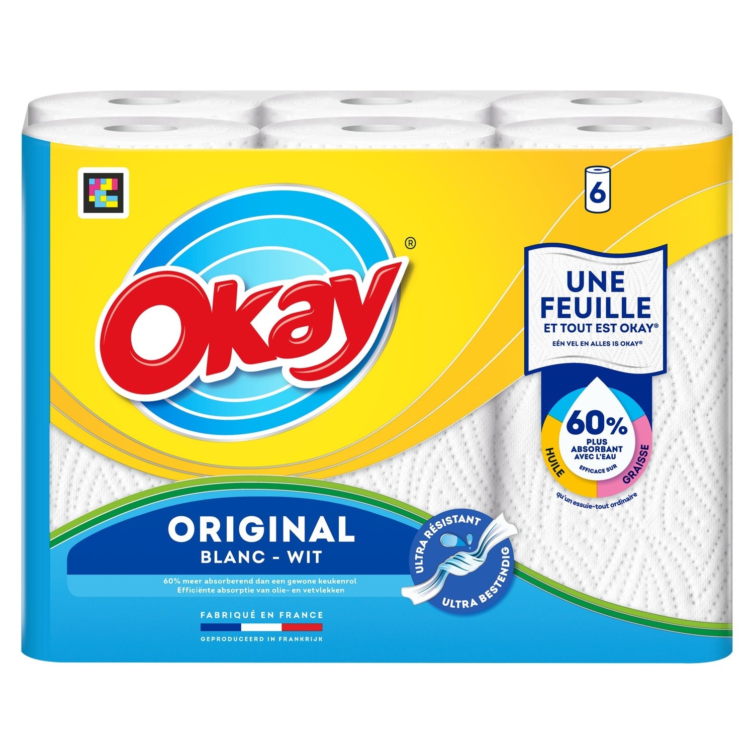OKAY Original Performance Essuie-Tout 60% Plus Absorbant, Compostable, 6 Rouleaux
