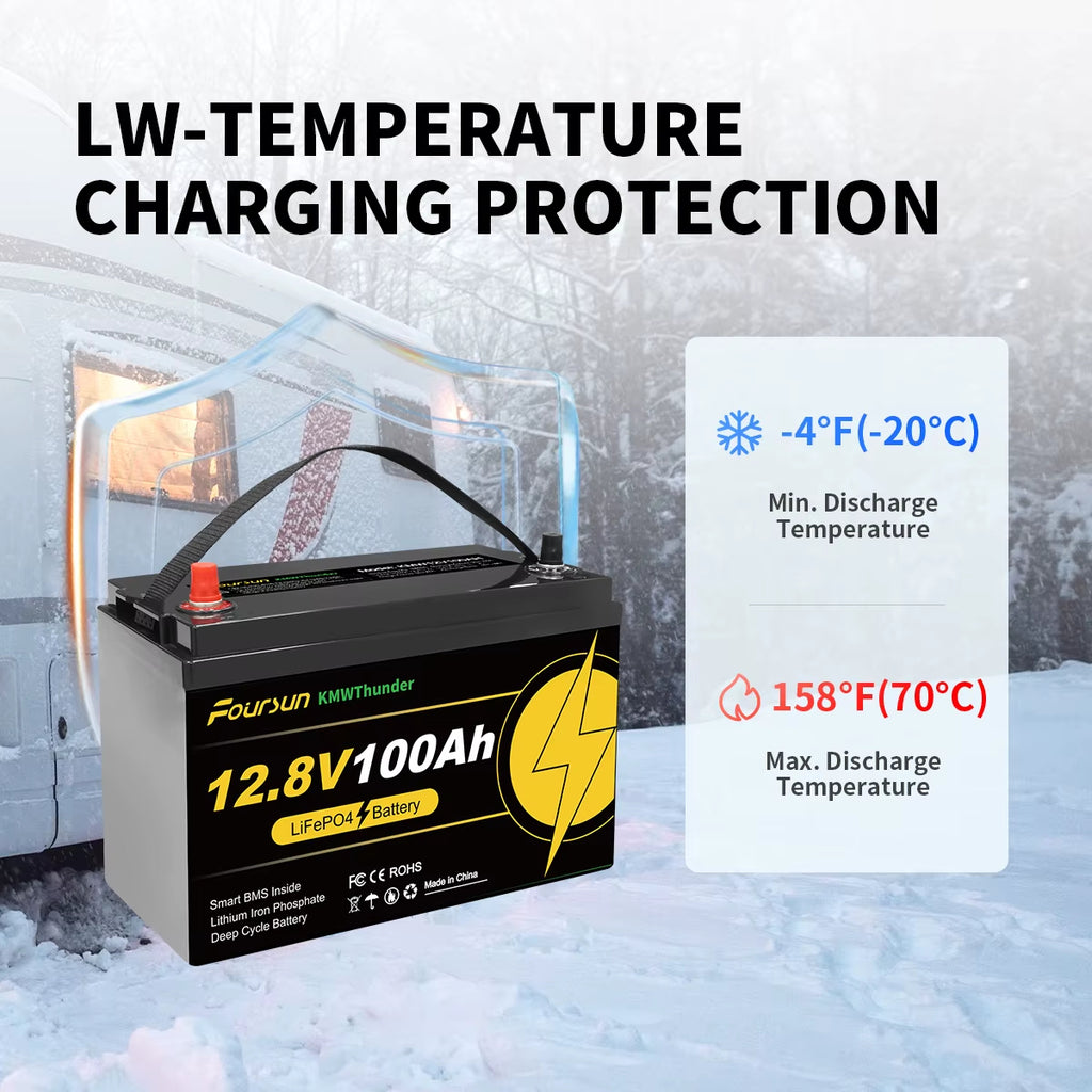 Foursun Batterie LiFePO4 12 V 100 Ah avec protection BMS à basse température, avec chargeur, plus de 4500 cycles pour camping-car/solaire/camping