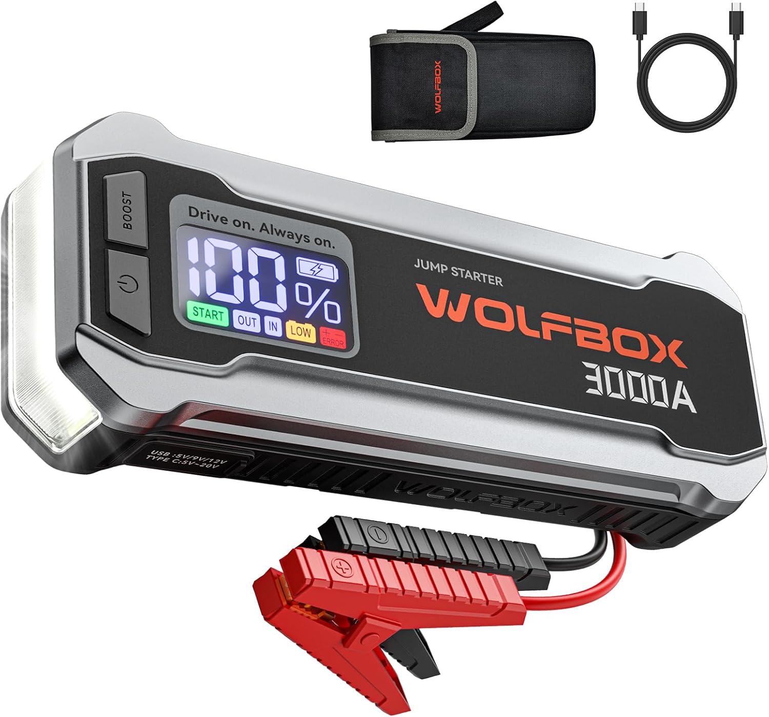 WOLFBOX 3000A Booster de démarrage 12 V batterie portable 59,2 Wh avec chargeur rapide 65 W, écran LED, lampe LED intégrée, câbles de démarrage, compatible moteurs essence 8 L et diesel 6 L