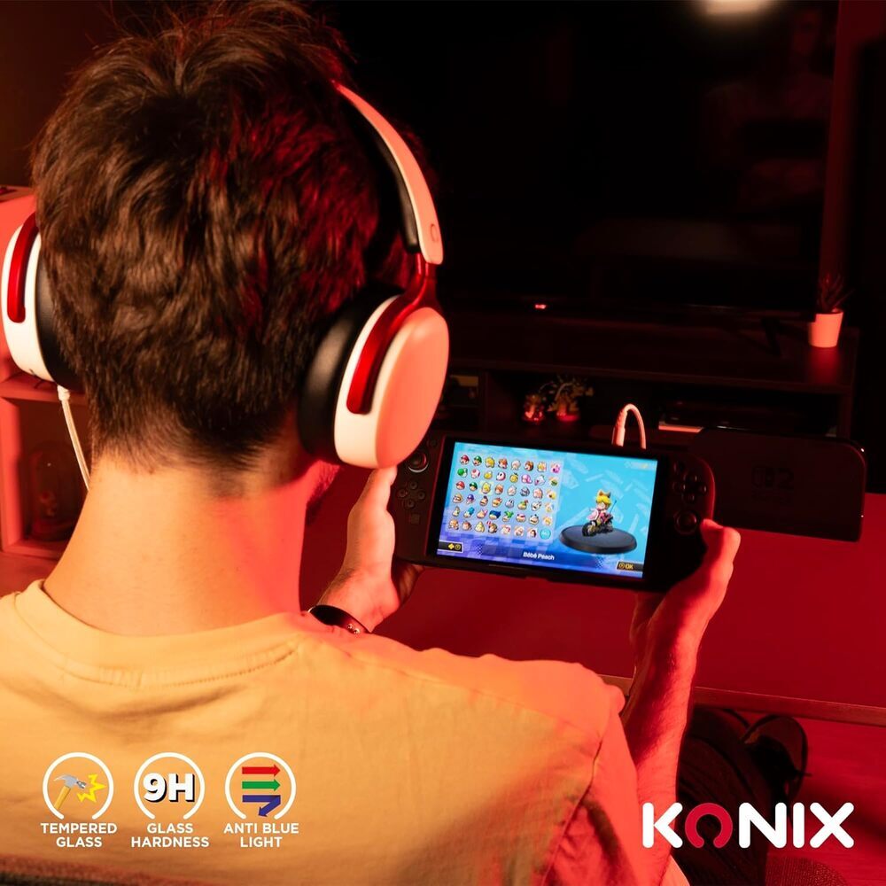 KONIX Protection d'écran en verre trempé pour Nintendo Switch 2 – Filtre anti-lumière bleue – Installation sans bulles – Dureté 9H – 100 % transparent