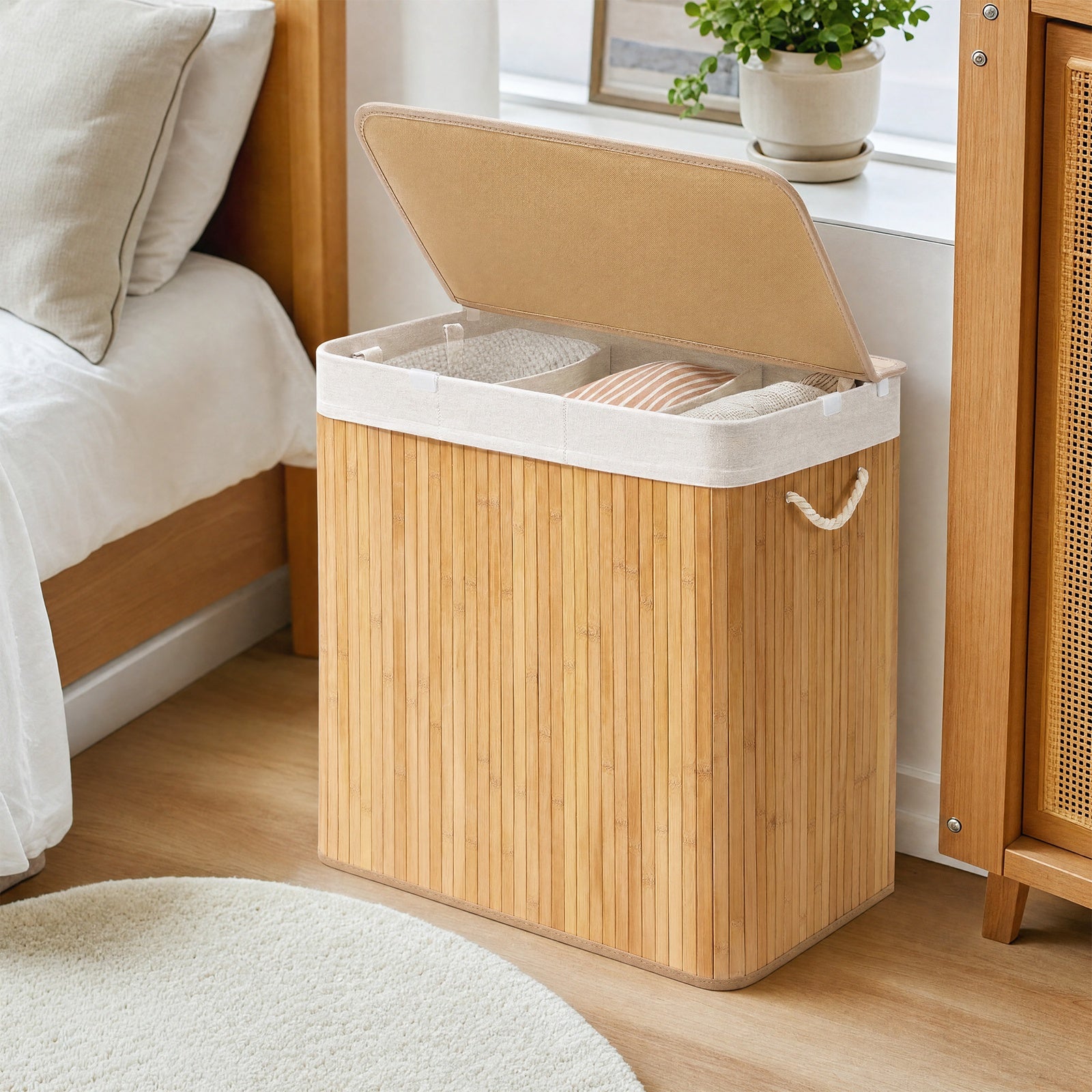 JOYFURNOS Grand Panier à Linge en Bambou, Panier à Linge Pliable à 3 Compartiments avec Couvercle, Sac Intérieur Amovible, Naturel