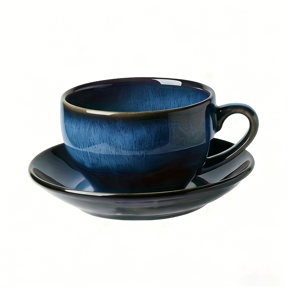 YumiPLUS Mug à café bleu rétro avec soucoupe, lot de 1