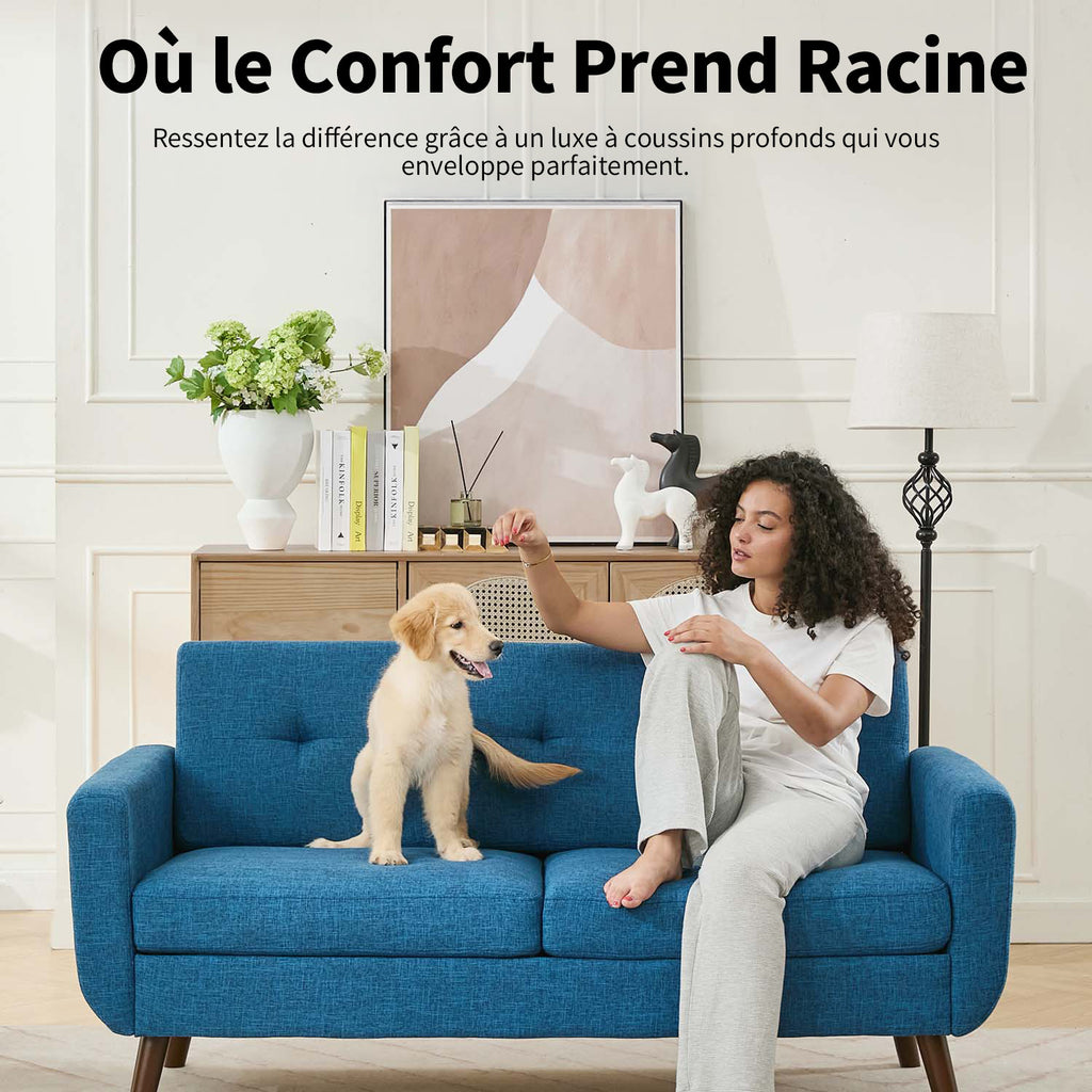 HONEYOU Canapé 165 cm, Canapés de coin pour décoration moderne du milieu du siècle pour salon, petit canapé capitonné à boutons pour chambre, meuble de coin solide et facile à installer, bleu