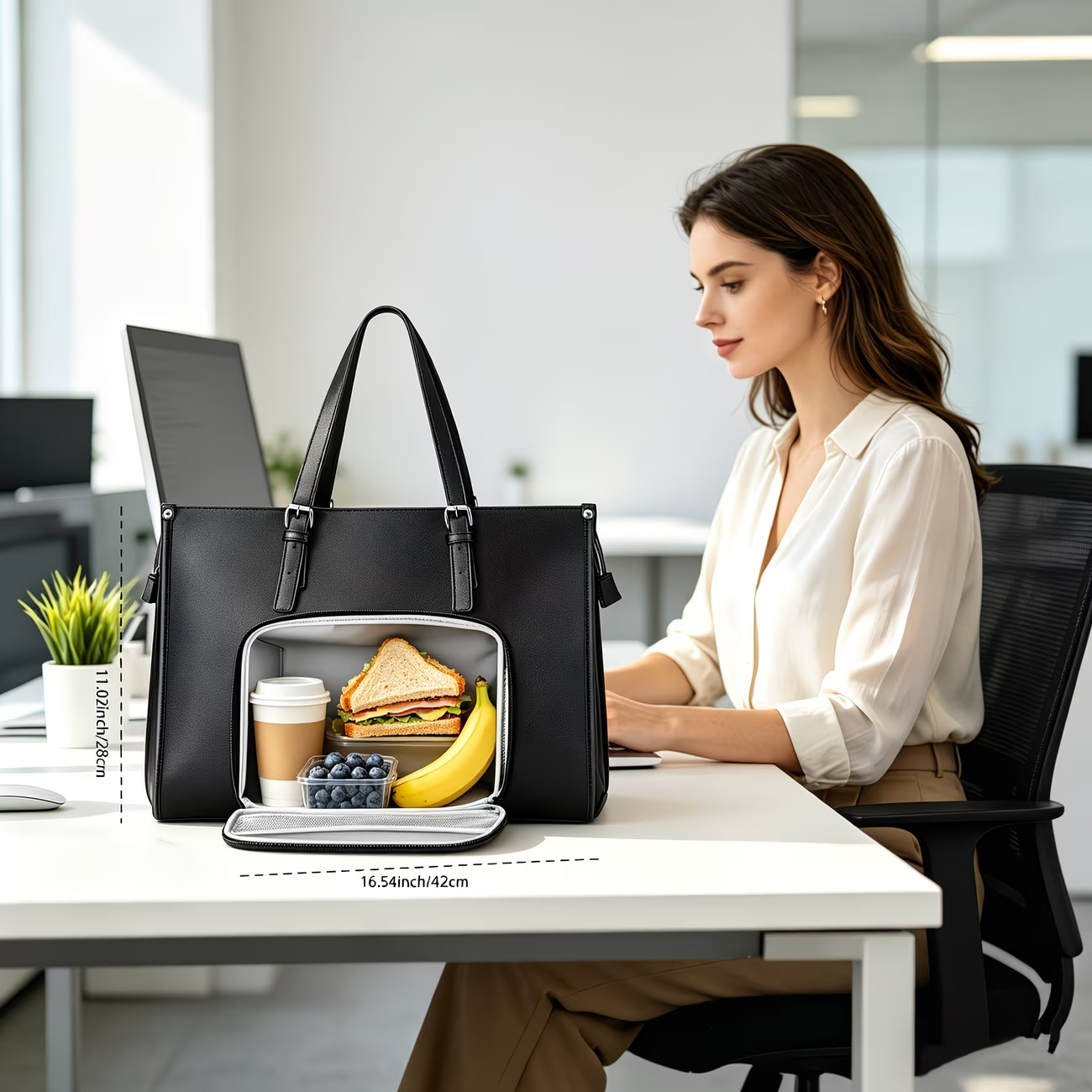 Sac cabas pour ordinateur portable avec compartiment déjeuner isotherme, sacoche en cuir synthétique polyuréthane 15,6 pouces avec poche étanche pour boîte à déjeuner pour femme