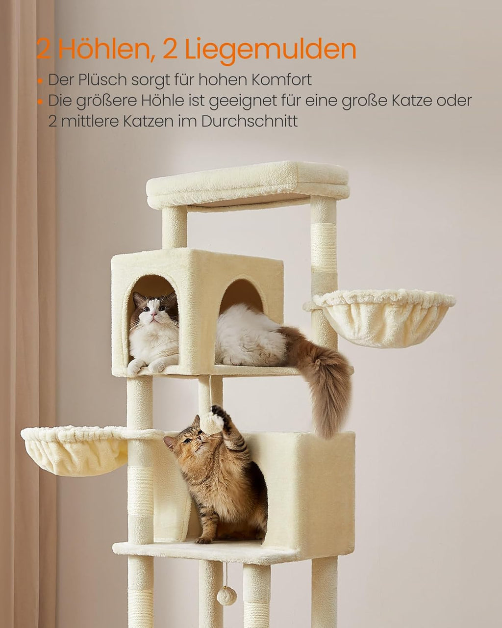Feandrea Griffoir pour chat grand 75" de haut XXL arbre à chat multi-niveaux avec 2 niches, 2 paniers, 5 colonnes à griffer, brosse pour chat, grande plateforme, sable beige
