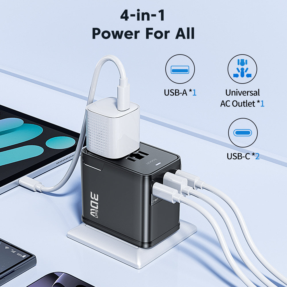 toocki Adaptateur de voyage universel 30 W, chargeur rapide PD – Adaptateur d’alimentation international avec 1 port USB-A et 2 ports USB-C – Adaptateur de prise pour EU, UK, US, AUS
