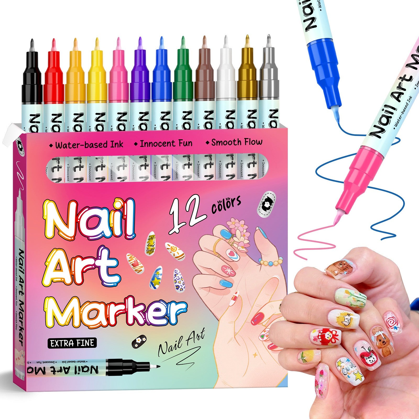 Lot de 12 stylos de vernis à ongles 12 couleurs 3D 0,5 mm outils de pointillage stylos de peinture acrylique stylo traceur à pointe pour dessin et peinture résistants à l'eau et à