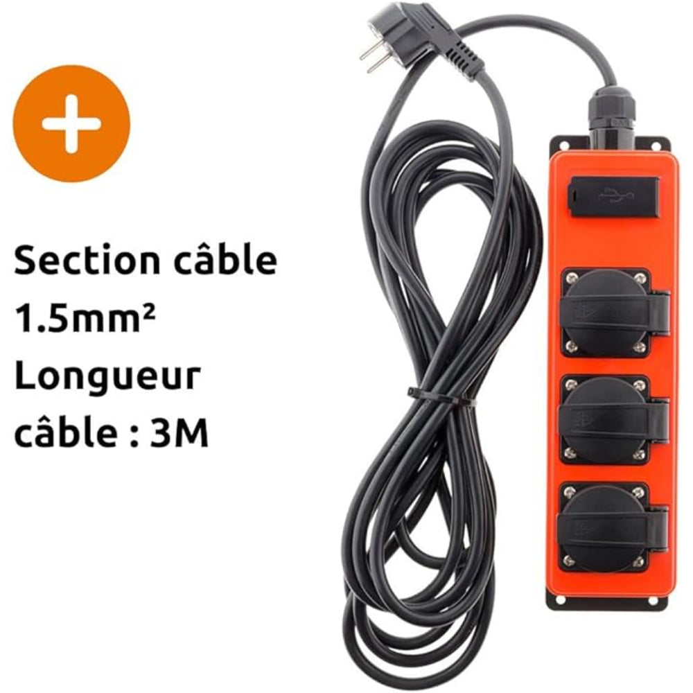 Multiprise étanche 3 prises 16A 2P+T + USB - Zenitech