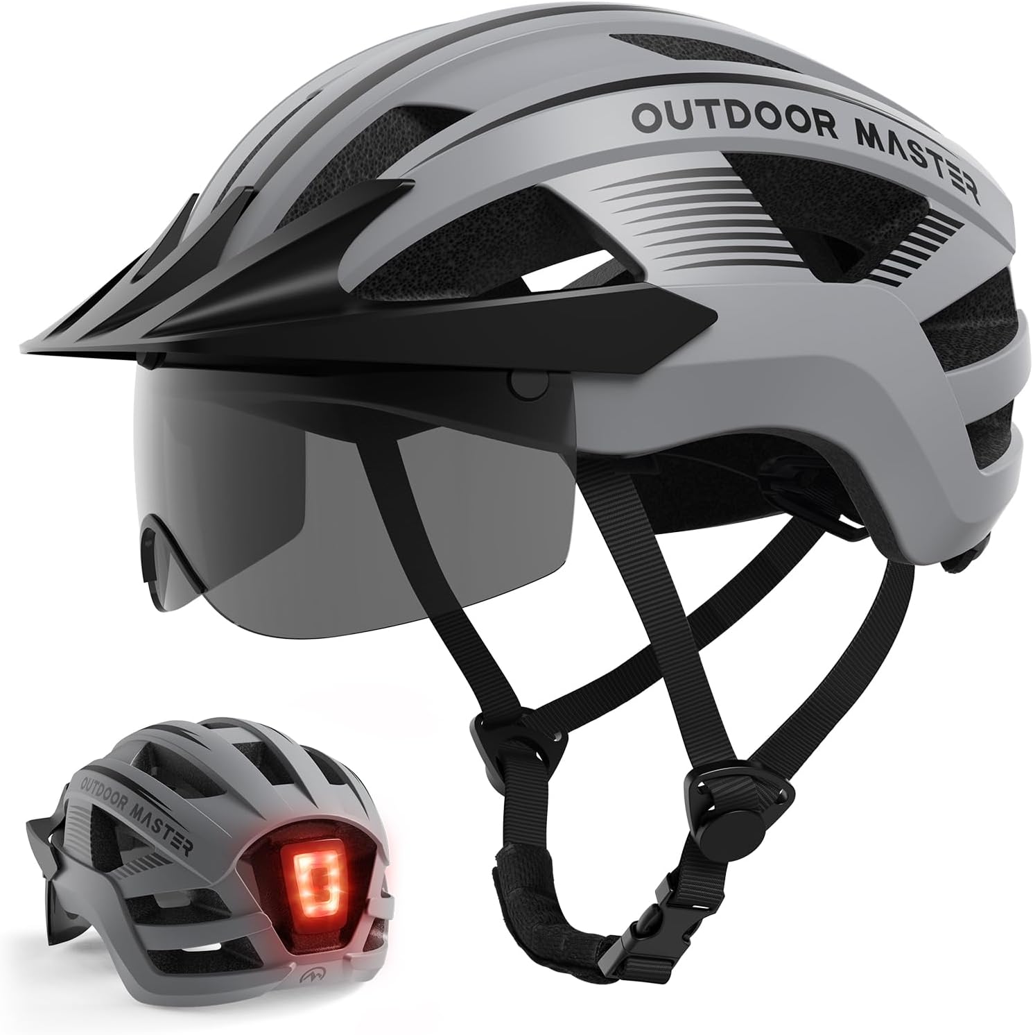 OUTDOOR MASTER RhinoUrban Casque de vélo avec lunettes et lumière gris - Taille M 54-58cm
