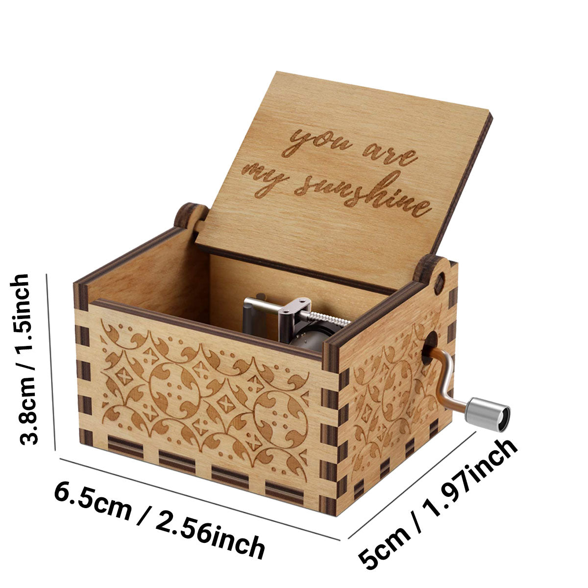 Alphynix Boîte à musique à manivelle 1 pièce, Intérieur gravé "Tu es mon rayon de soleil", Cadeau musical rétro en bois avec motifs floraux sculptés