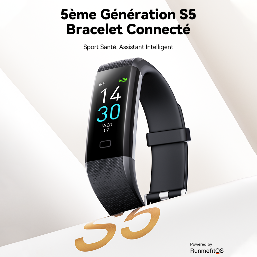 FITTEK S5 Montre connectée, Suivi de santé 24/7, Autonomie 50 jours, 16 modes sportifs, Noir