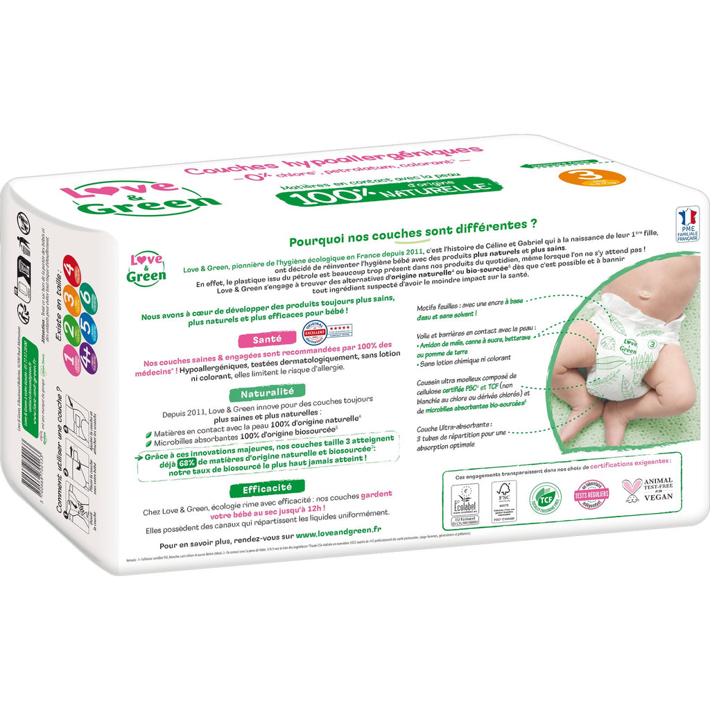 LOVE & GREEN Couches pour Bébé Écologiques Hypoallergéniques Taille 3 4-9 kg - Pack Mensuel de 4 (208 Couches au Total)