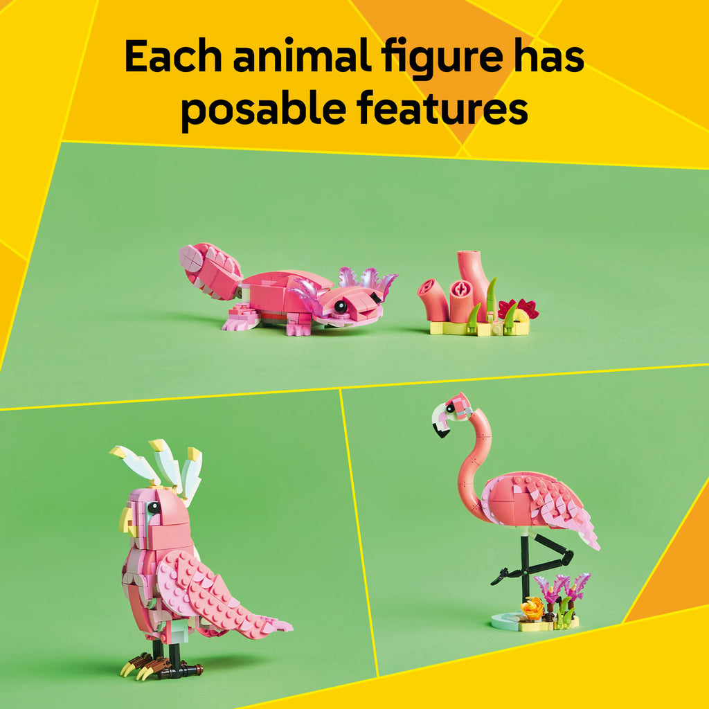 LEGO Creator 3 en 1 Ensemble de Construction Animaux Sauvages 31170 – Flamant Rose, Perruche Rose, Axolotl Rose (288 Pièces)