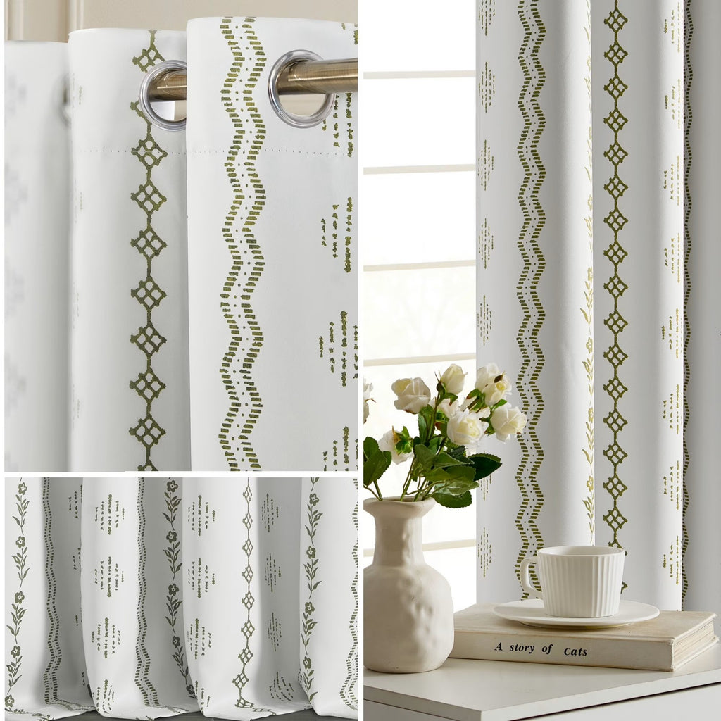 PONY DANCE Rideaux Occultants Bohèmes 100 % - Lot de 2 Panneaux, Vert Sauge Motif Floral Zigzag, Isolation Thermique pour Salon et Chambre, 132 x 245 cm