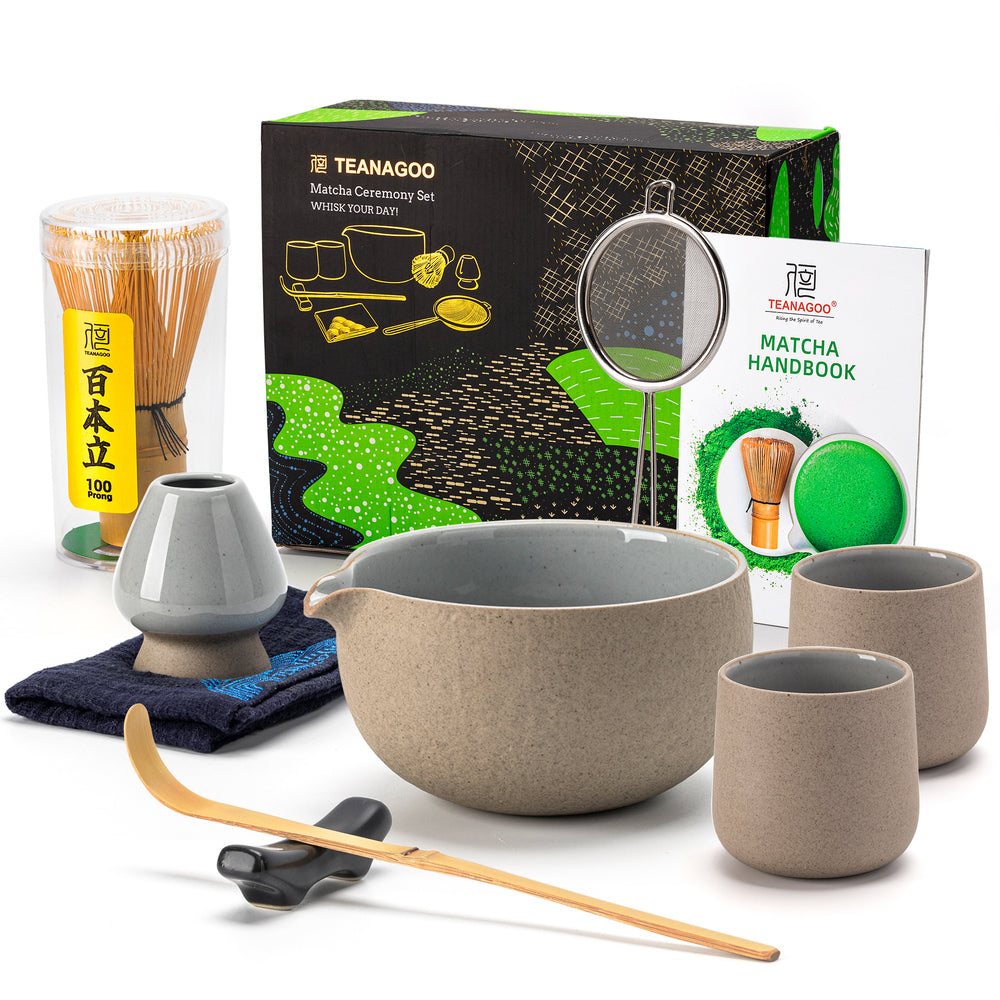 TEANAGOO Fouet à Matcha, Set Matcha en Céramique 9 Pièces, Kit Matcha pour Cérémonie, Set à Thé Matcha pour Préparer Petit-Déjeuner/Matcha Latte
