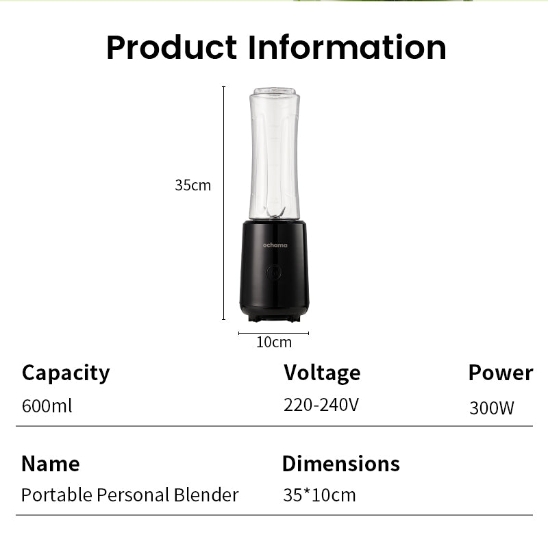 ochama Blender Portable 300W, 600ml Mini Smoothie Maker avec Gourde, Compact pour la Maison, Commande à Une Touche, Glace Pilée, Lames Amovibles, Milkshakes, Jus, Nourriture Bébé, Boissons Fraîches