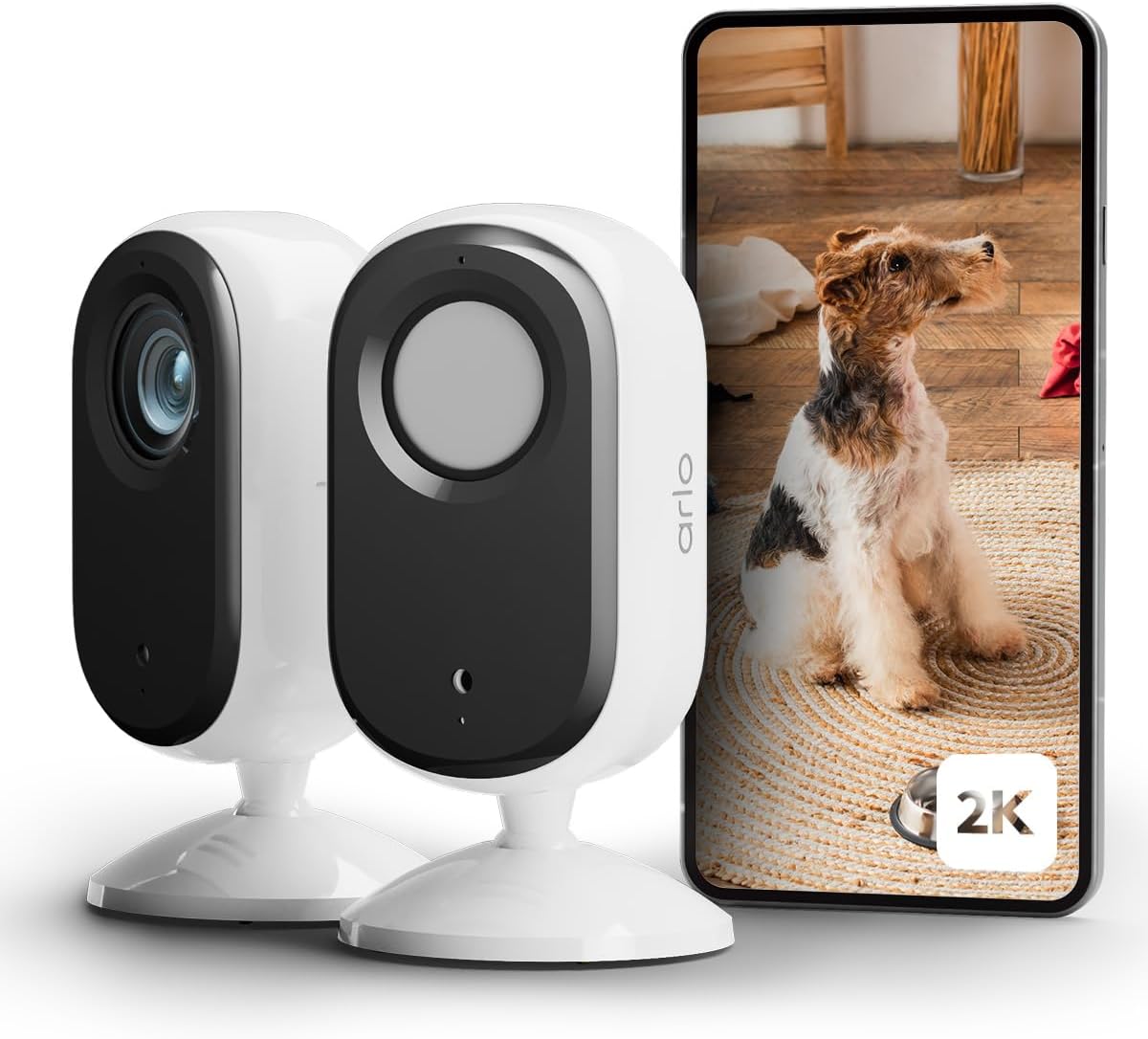Arlo VMC3260-100EUS Caméra Intérieure Filaire WiFi 2K Essential 2, Kit de 2 caméras, Audio Bidirectionnel, Vision Nocturne, Cache de Lentille, Blanc