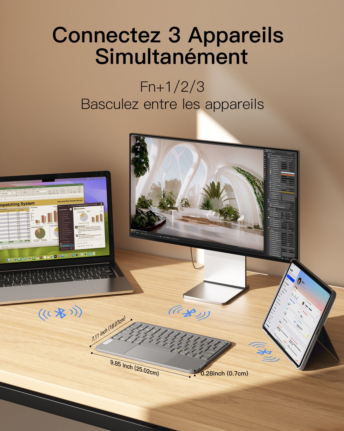 Inateck Clavier Bluetooth 3 canaux avec pavé Tactile, Clavier sans Fil AZERTY Ultra Fin et Portable, Compatible avec iPad OS,Windows et Android, KB01105 Gris