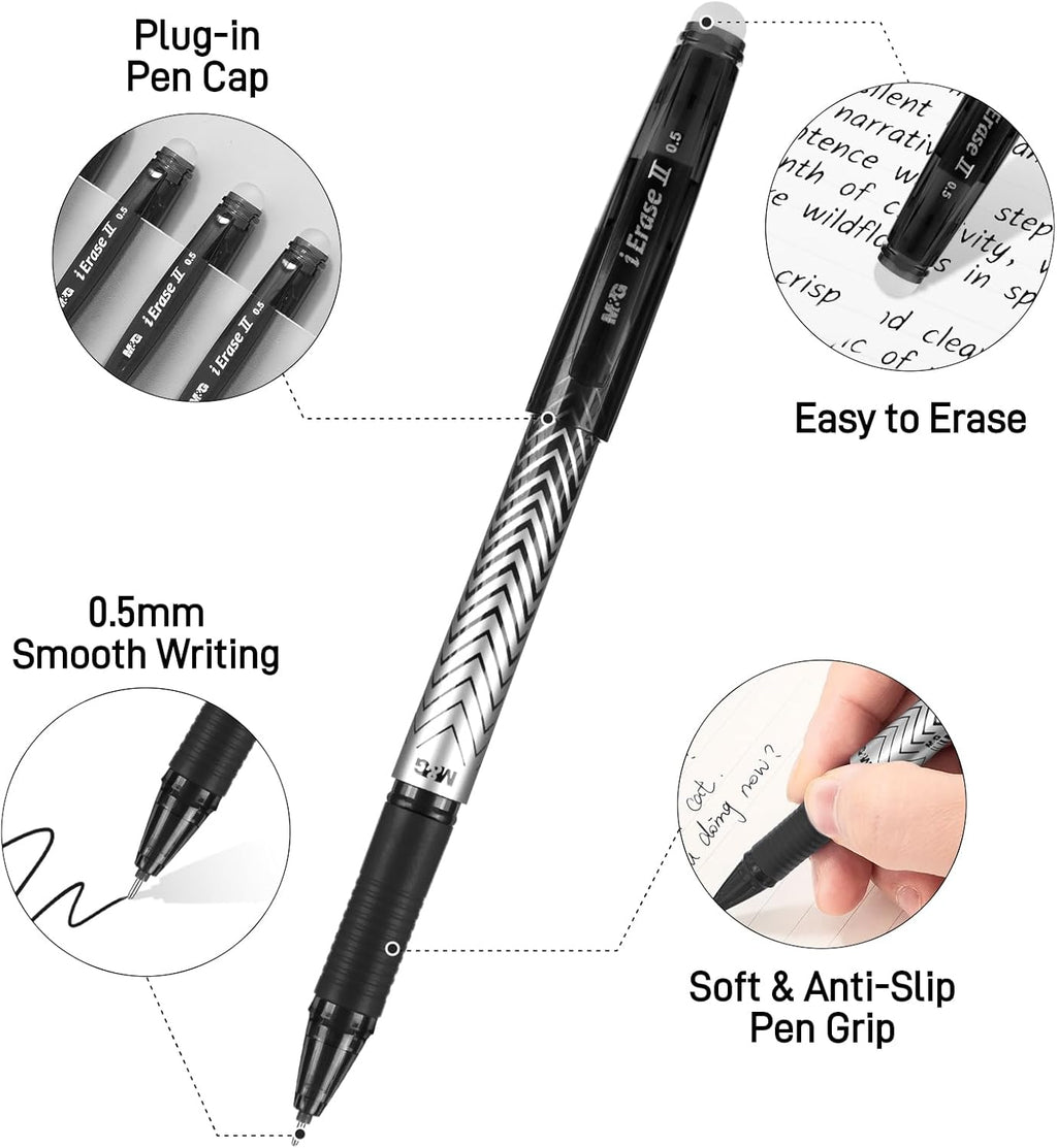 M&G iErase II Lot de 12 stylos gel effaçables, encre noire, pointe fine 0,5 mm, écriture fluide, avec prise en main confortable et capuchon pour école, bureau et agenda