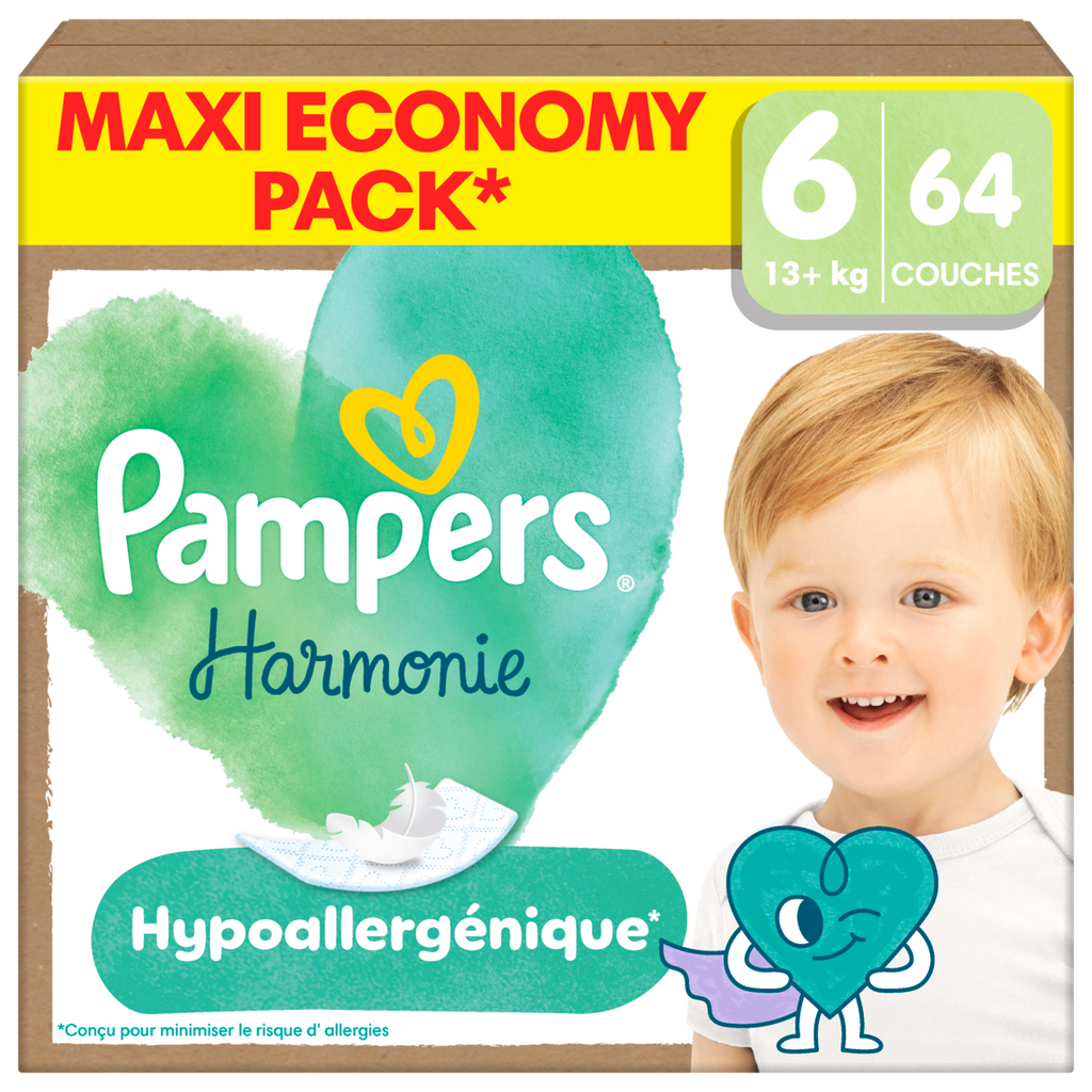 Pampers Harmonie Couches Édition Limitée, Taille 6, 64 Couches, 13kg+, Conçues Pour Les Peaux Les Plus Sensibles, Maxi Economy Pack