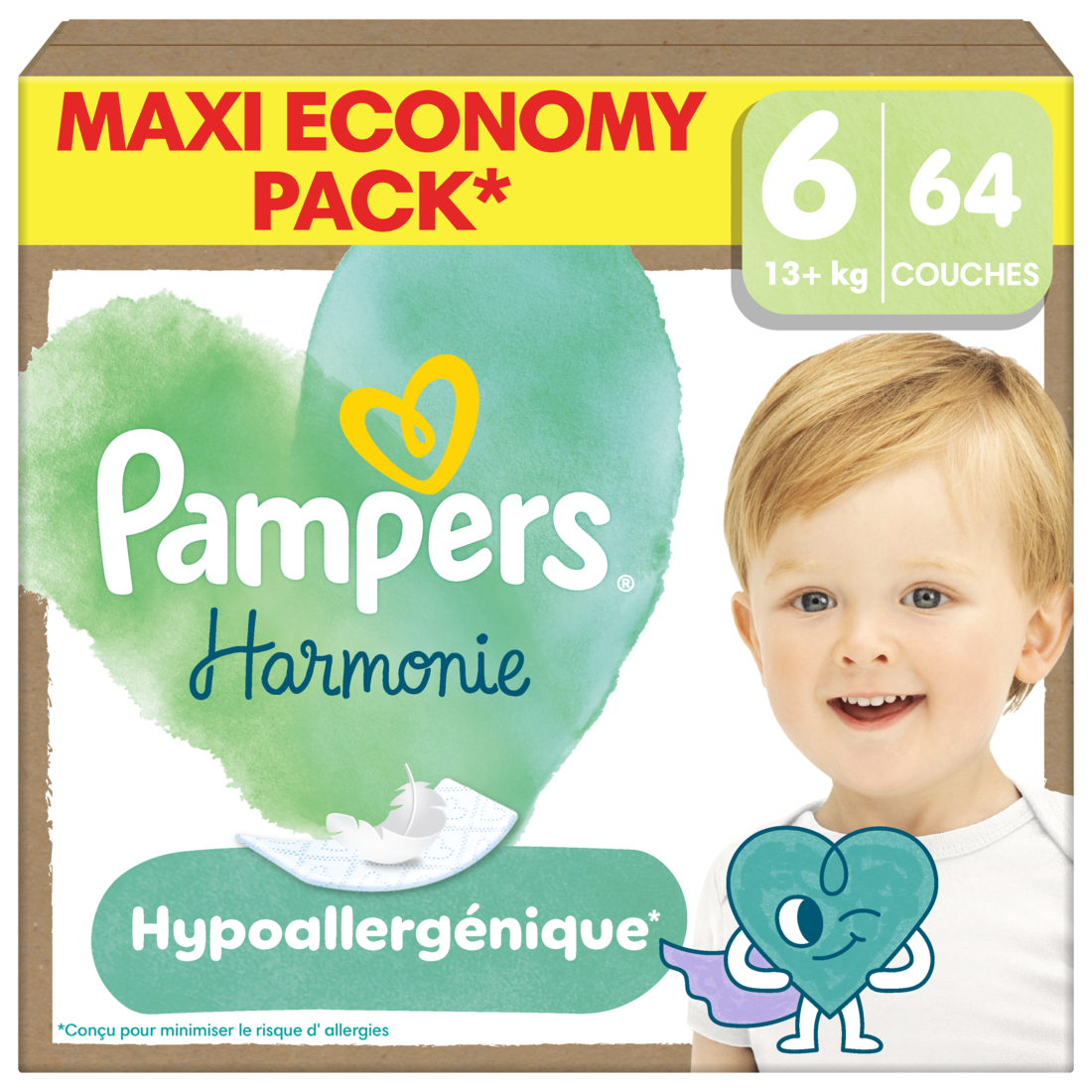 Pampers Harmonie Couches Édition Limitée, Taille 6, 64 Couches, 13kg+, Conçues Pour Les Peaux Les Plus Sensibles, Maxi Economy Pack