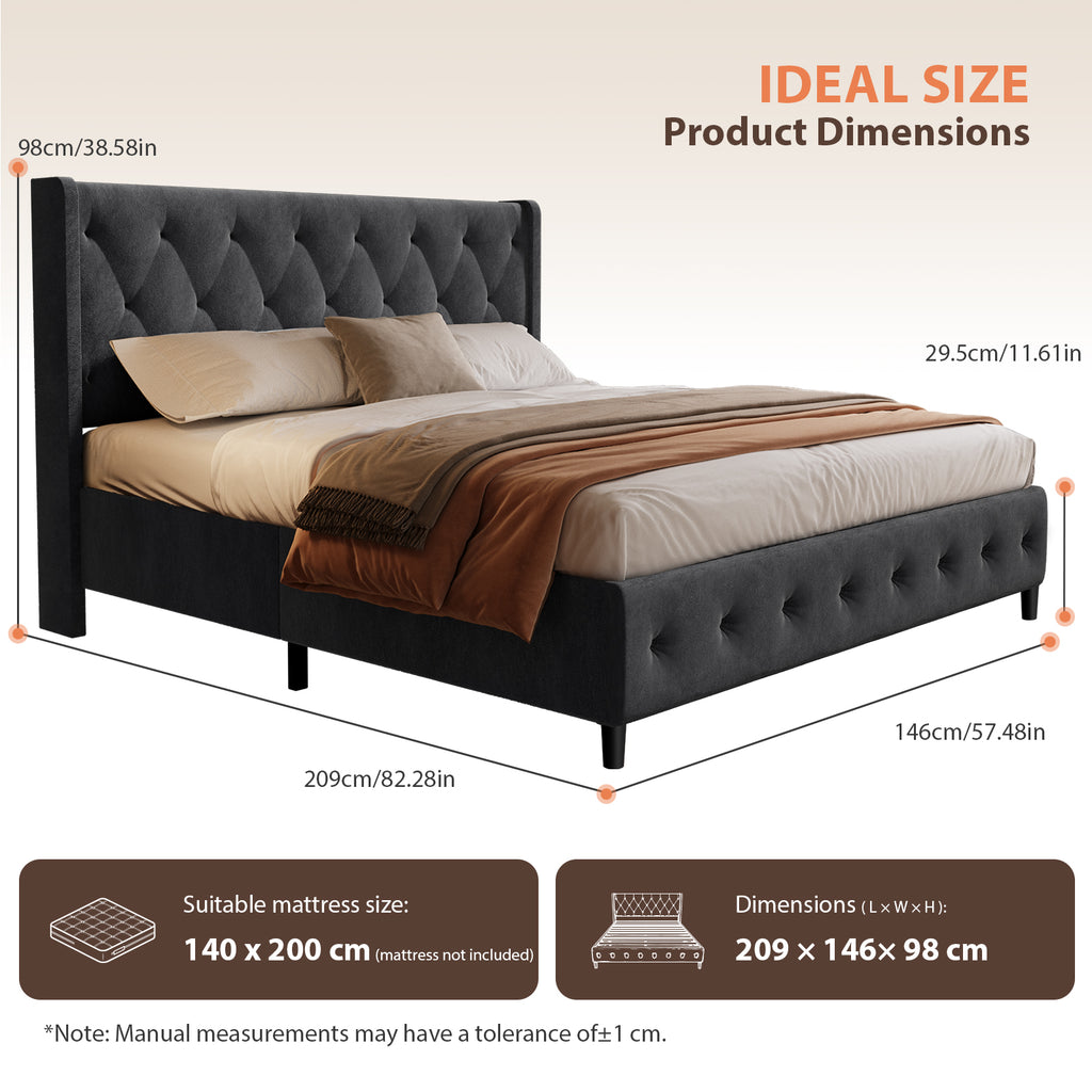 GTIMEX Lit capitonné 140x200 cm avec sommier à lattes, Capacité de charge statique : 390 kg, Lit double avec tête de lit capitonnée, Sommier à lattes en bois massif, Facile à assembler, Design moderne, Cadre robuste, et revêtement en velours de haute