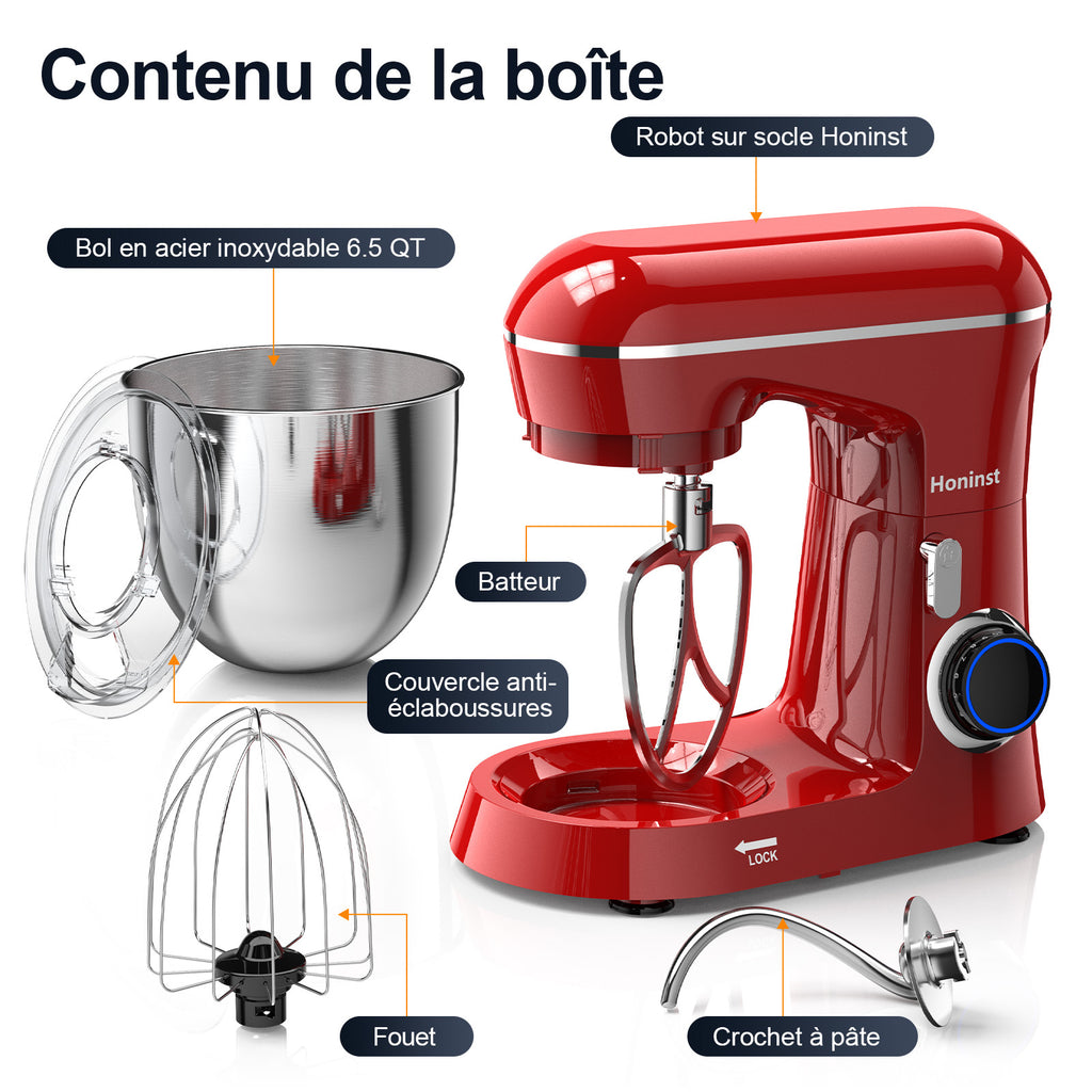 HONINST Robot pâtissier électrique à tête inclinable, 6,5 qt, 10 vitesses, robot de cuisine 3 en 1 avec bol, crochet pétrisseur, fouet et batteur plat