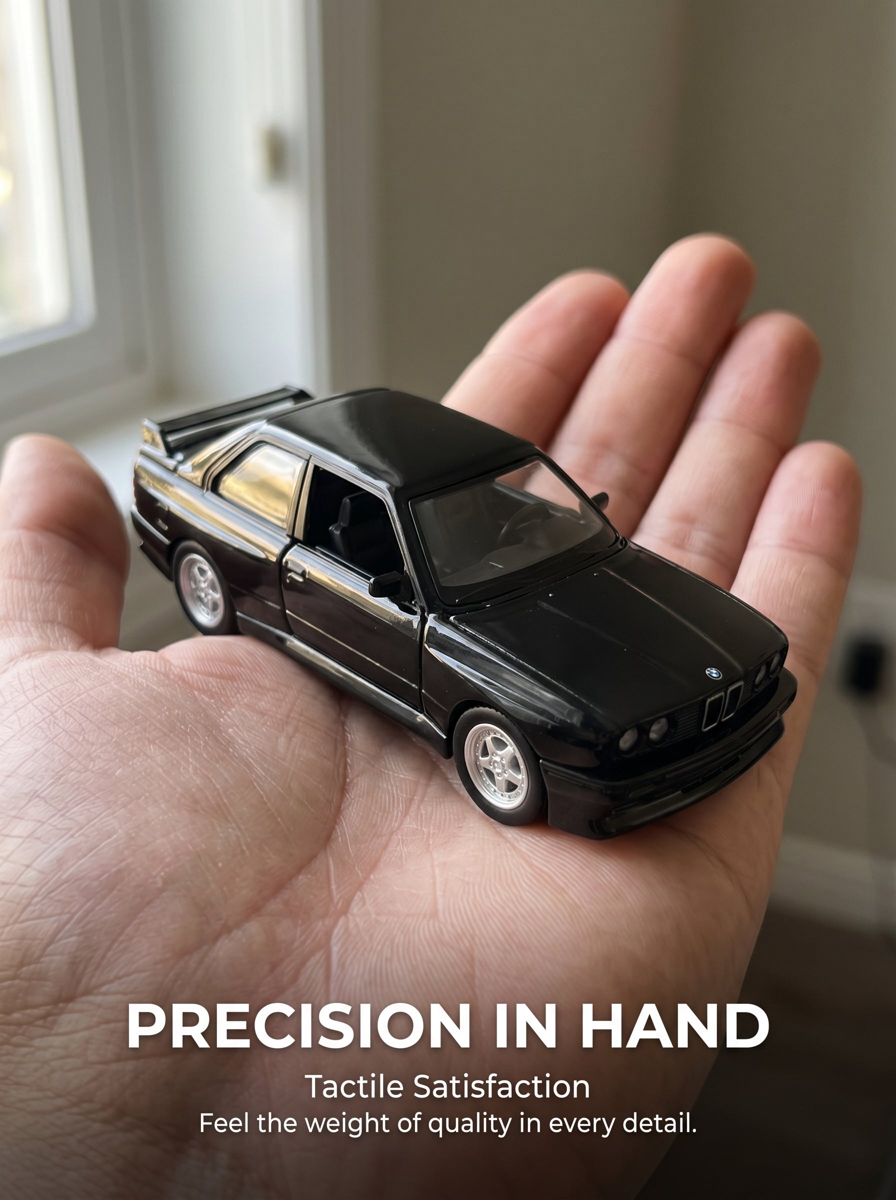 Voiture Miniature Échelle 1:36 BMW M3 (1987) - Noir, Métal Serti, Portes Ouvertes, Action à Recul, Cadeau d'Anniversaire