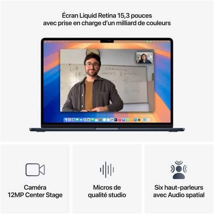 Apple MacBook Air 15" (M4, CPU 10 cœurs, GPU 10 cœurs) avec 24 Go RAM et 512 Go SSD - Minuit, AZERTY