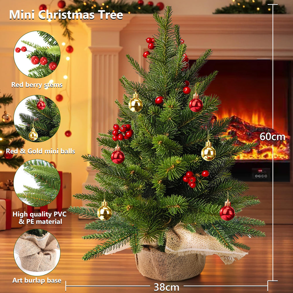 1 pièce Mini sapin de Noël 23,6 pouces/60 cm, sapin de Noël artificiel pour l'intérieur, petit sapin de table décoré avec des baies rouges et des boules de Noël