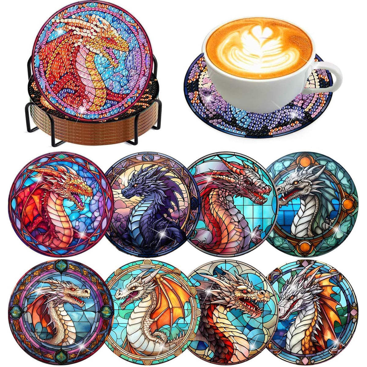 Ju7cer Ensemble de 8 sous-verres de peinture diamant avec support - Dragon arbre de la vie DIY | Débutant adulte artisanat de perçage rond complet 4×4 pouces (10×10 cm)