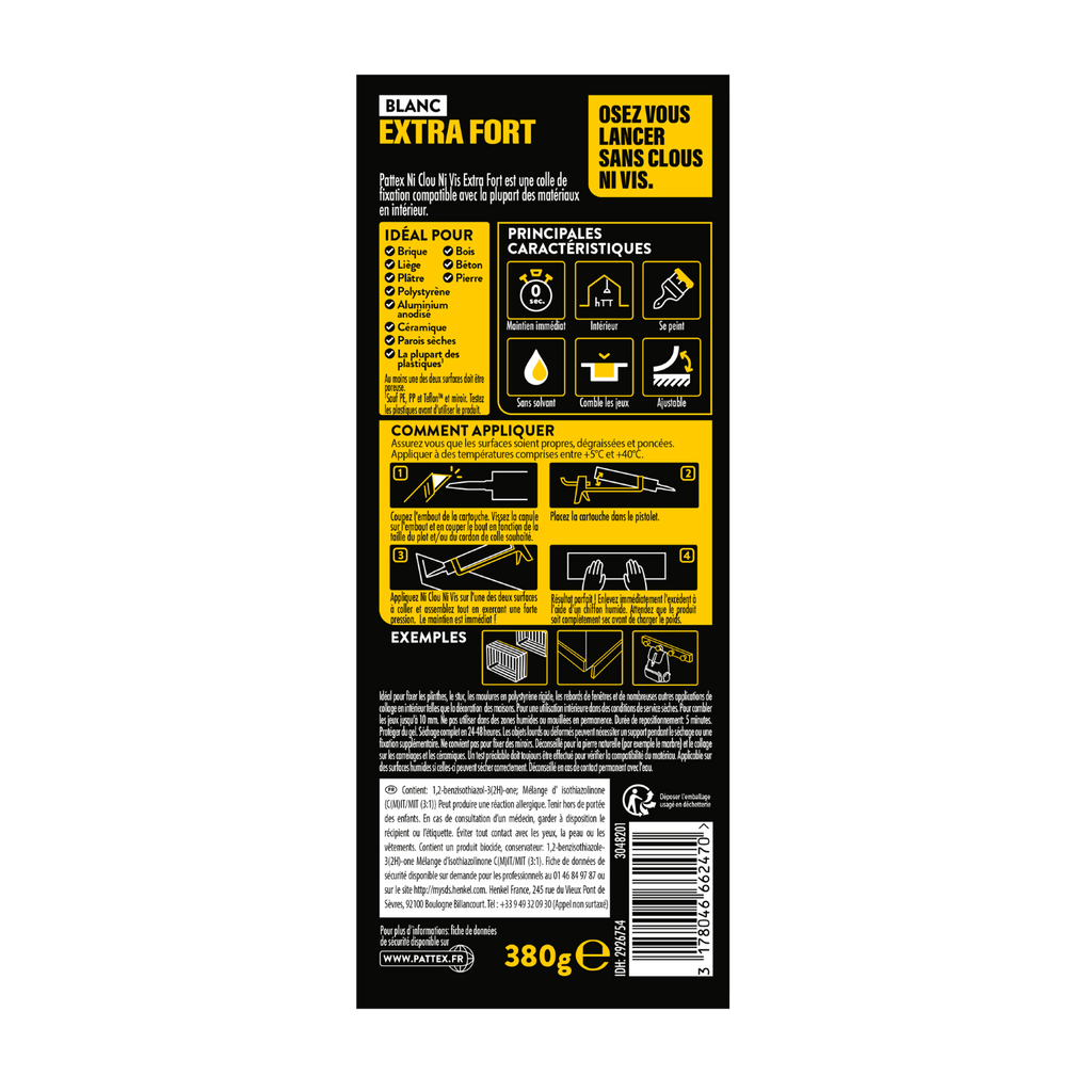 Pattex – Ni Clou Ni Vis Extra Fort (cartouche de 380 g) – Colle de fixation à maintien immédiat – Rapide pour usage intérieur surpuissante