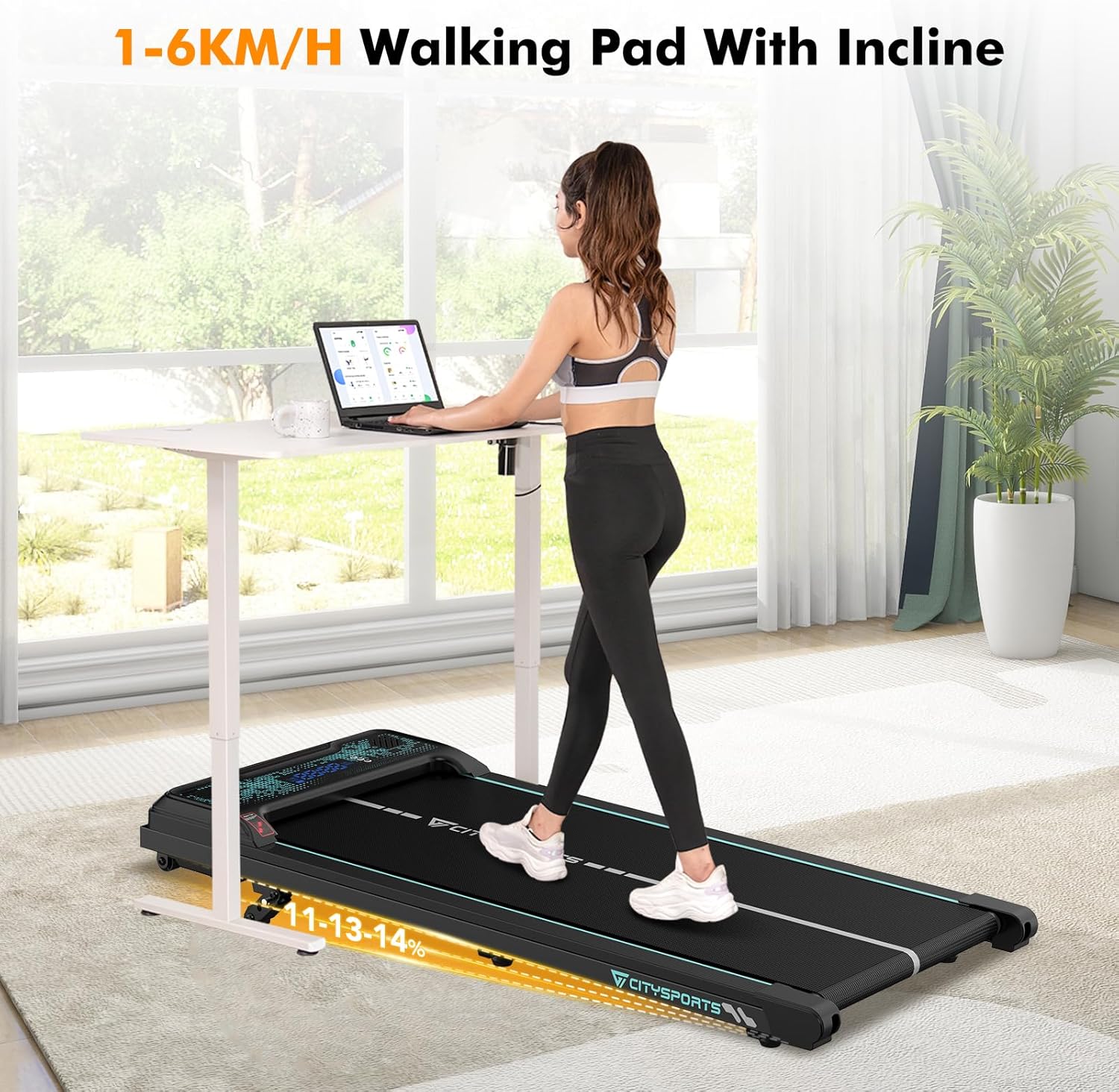 CITYSPORTS PRO Tapis de marche 0 à 14 % d'inclinaison et 1 à 6 km/h
