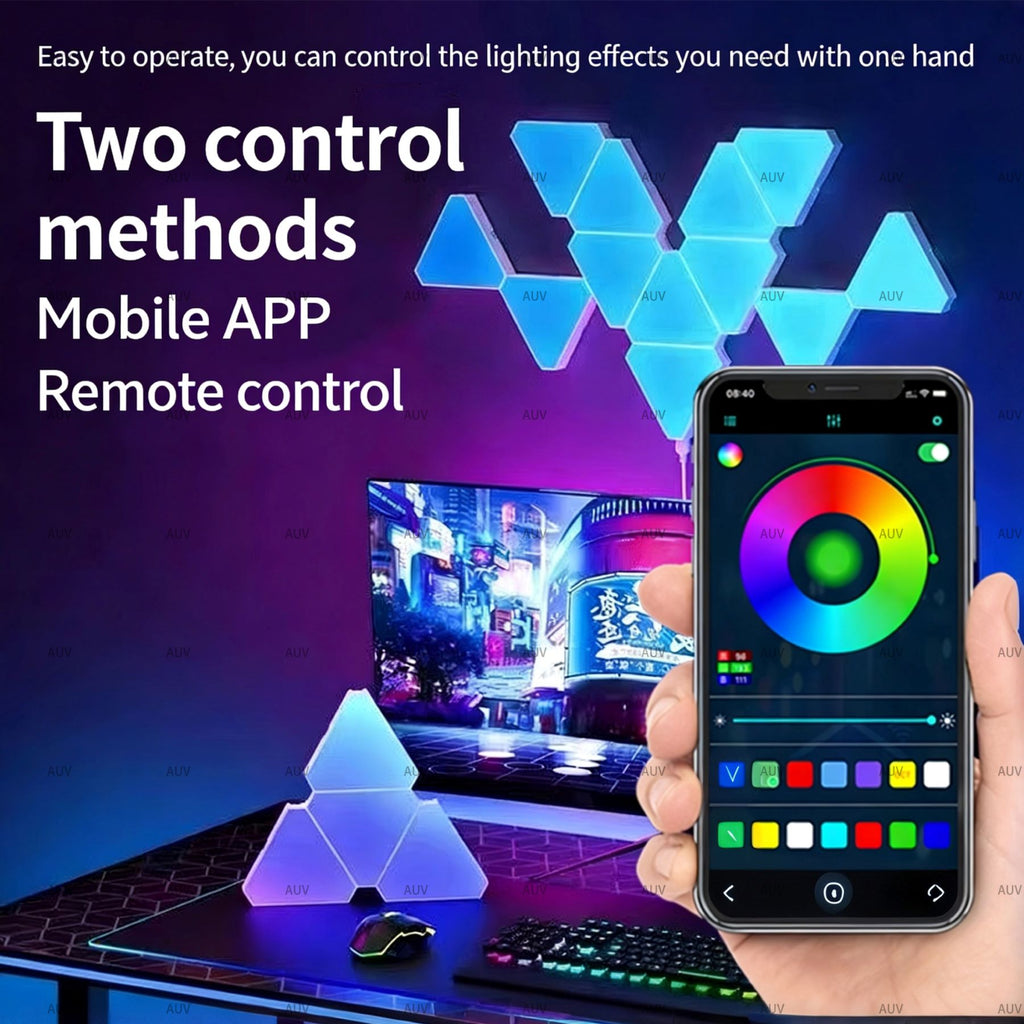 RGB LED Barres lumineuses murales gaming triangulaires, 6 pièces, avec télécommande, panneau lumineux LED intelligent combinable, DIY, synchronisation musicale via application