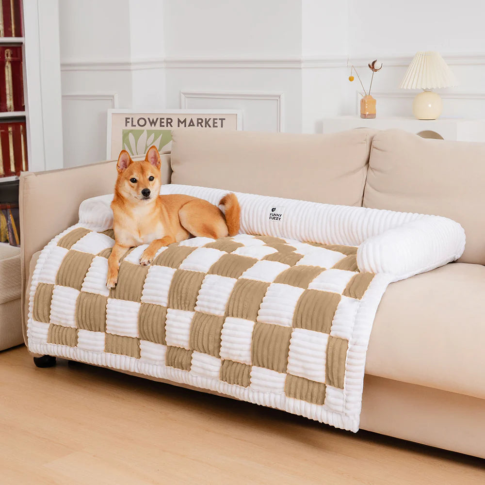 FUNNYFUZZY Tapis confortable carré à carreaux Crème Protecteur de meubles pour chien chat Taille S Café